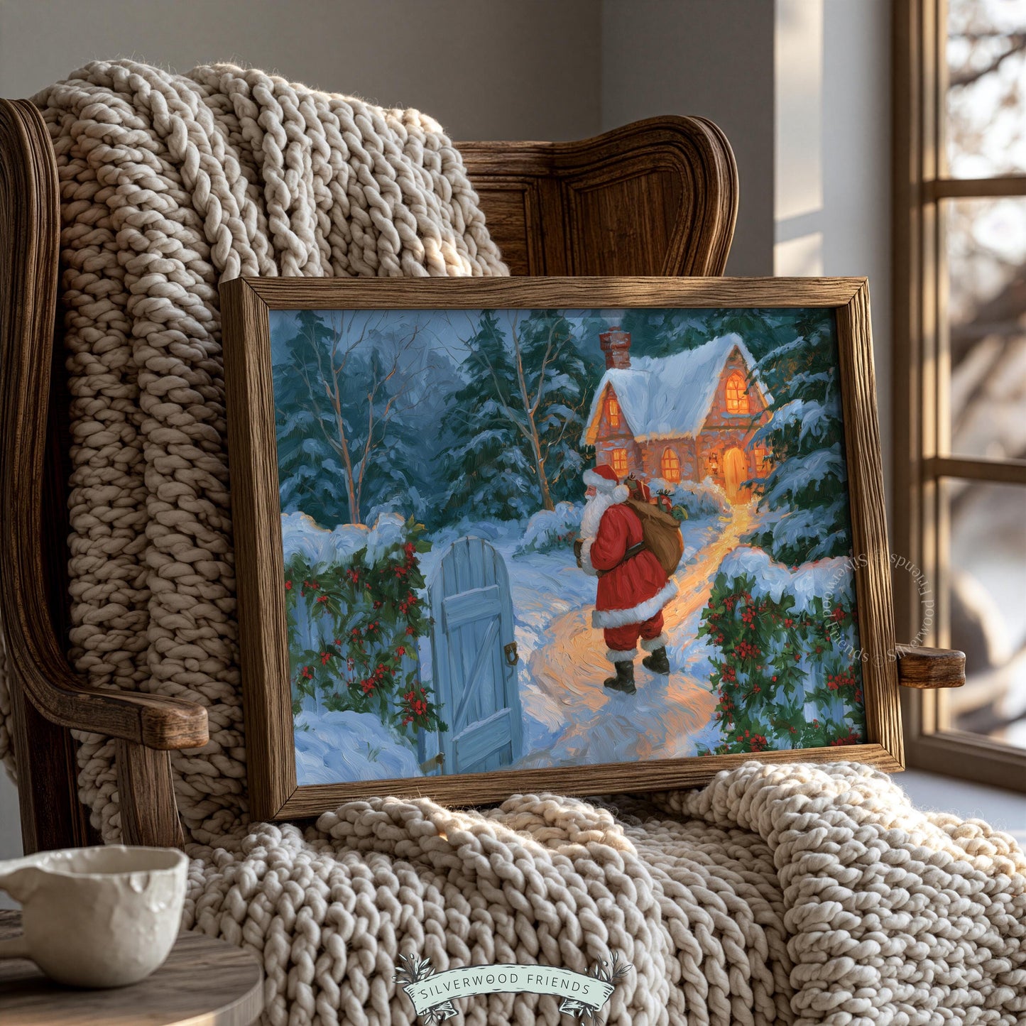Santa's approach wall picture printable art — vintage-inspired snowy evening with illuminated farmhouse and traditional yuletide elements