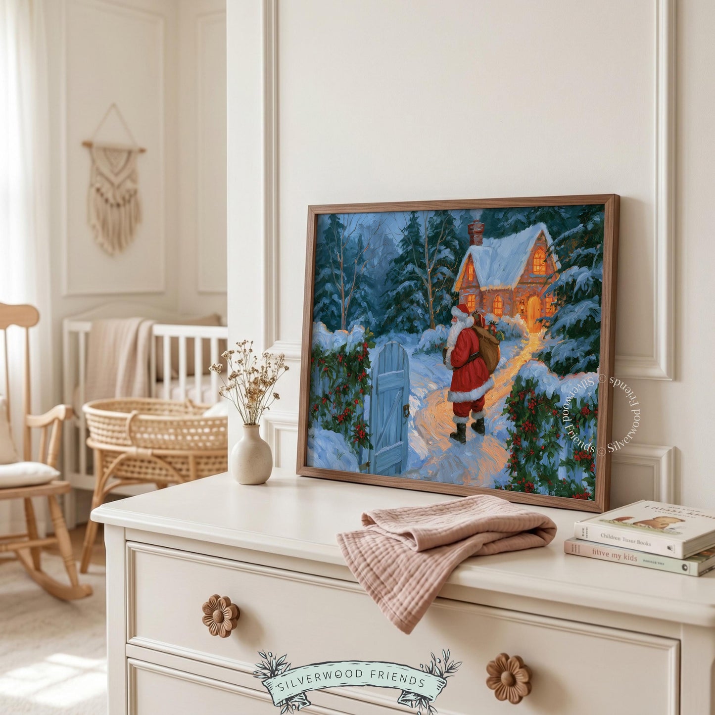 Vintage Christmas cabin poster art — warm golden light contrast against blue-toned snowy grounds with traditional holiday figure walking