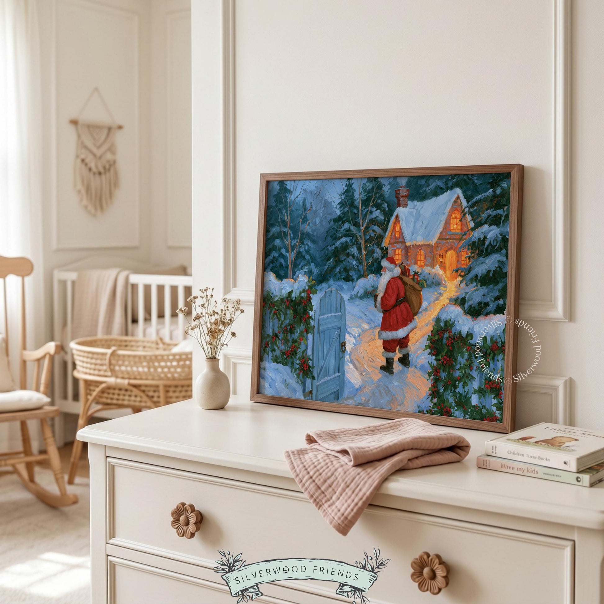 Vintage Christmas cabin poster art — warm golden light contrast against blue-toned snowy grounds with traditional holiday figure walking