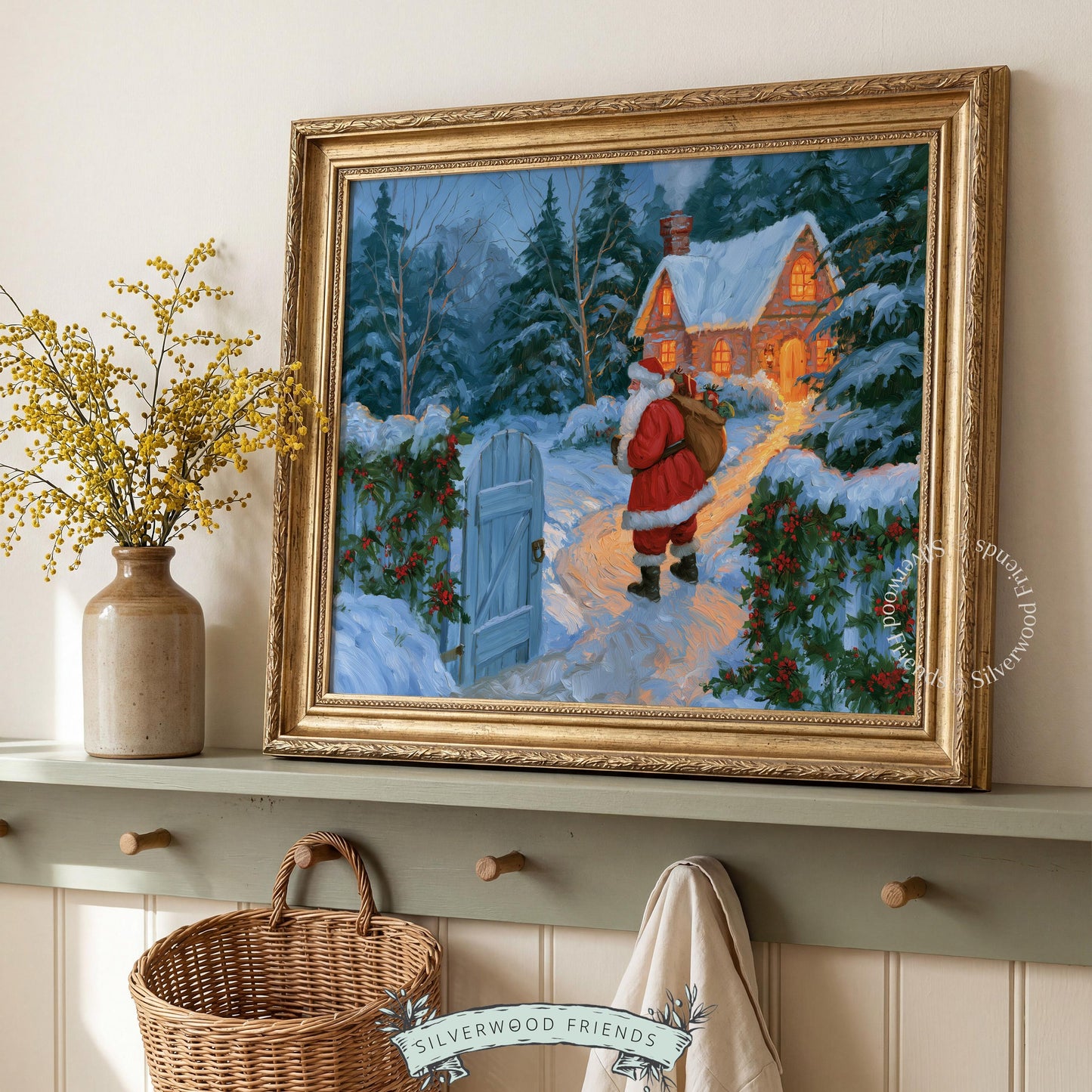 Vintage Santa wall art for family room — warm atmospheric cabin retreat with torch-lit path and red berry holly bushes