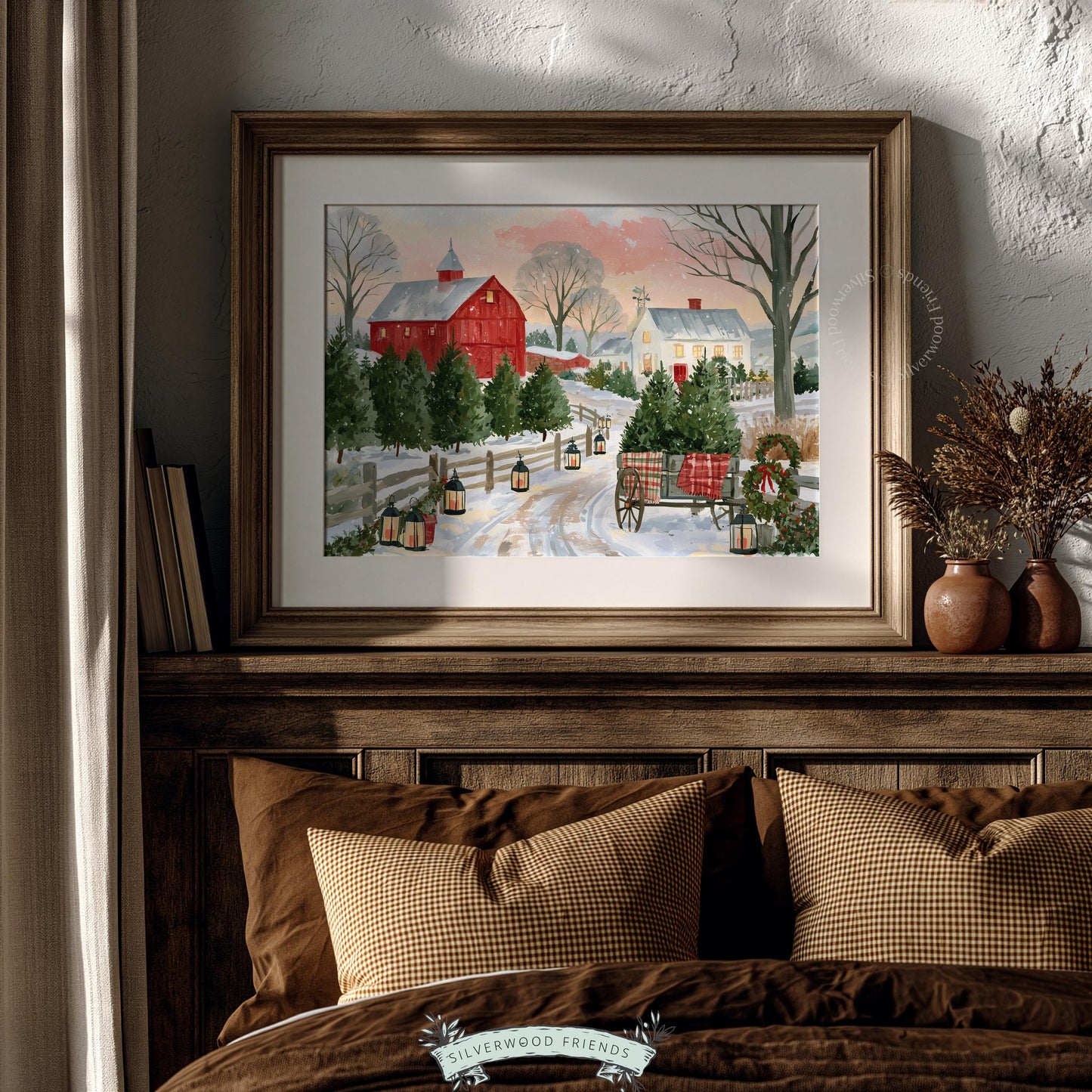 Cozy winter barn print showing snowy evergreen rows and romantic festive countryside setting