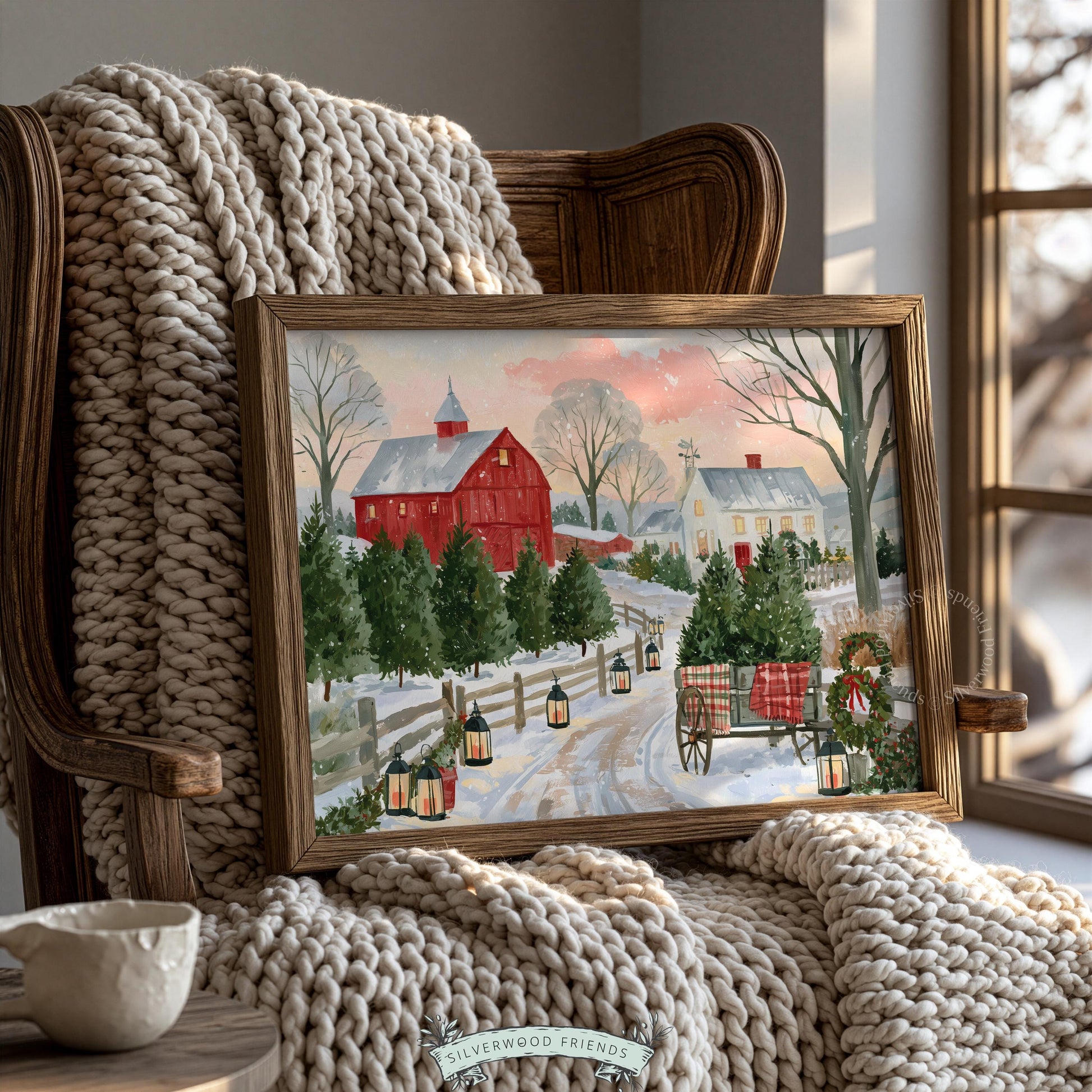 Vintage farmhouse wall art for bedroom — nostalgic winter tree farm with glowing lanterns