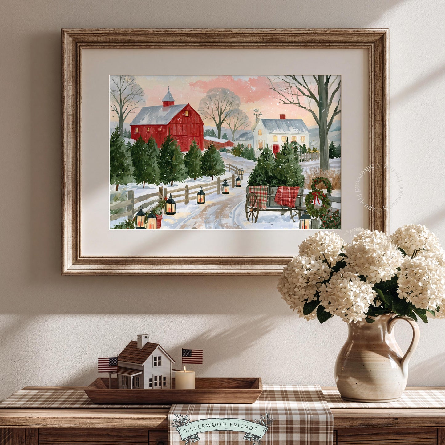 Rustic farmhouse Christmas printable featuring atmospheric winter scene with vintage red barn