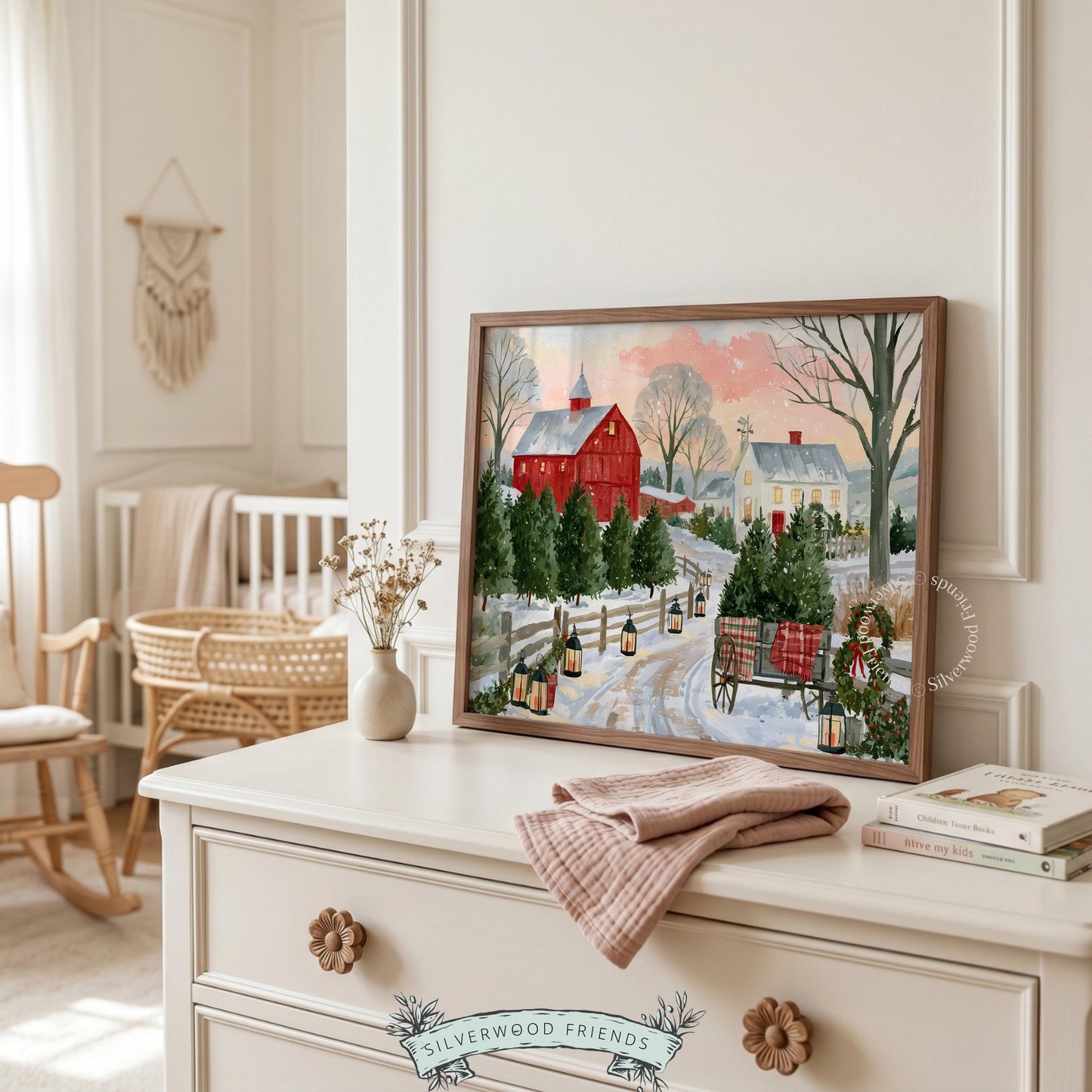Nostalgic holiday farmhouse artwork for kitchen — snowy countryside with evergreen plantation scene