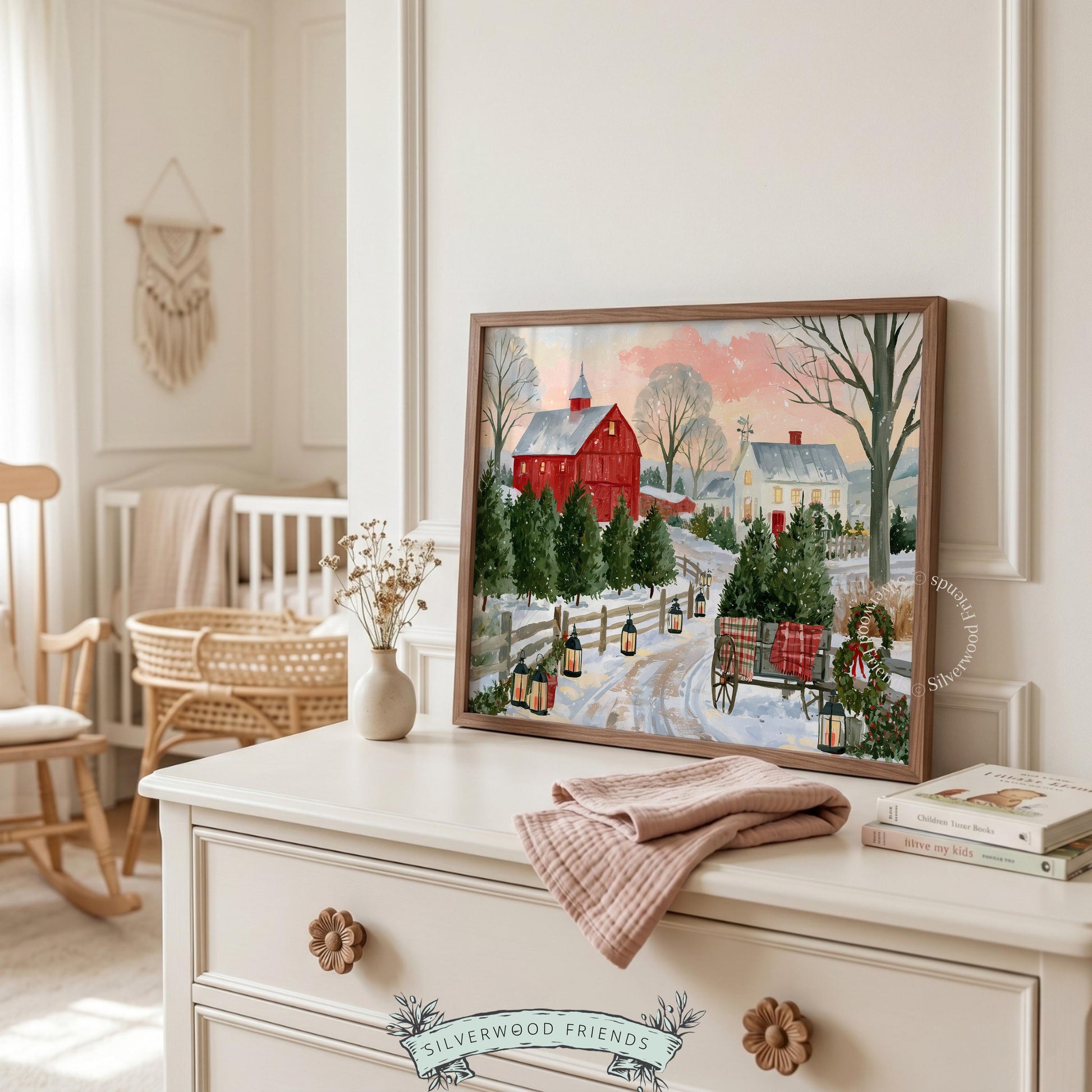 Nostalgic holiday farmhouse artwork for kitchen — snowy countryside with evergreen plantation scene