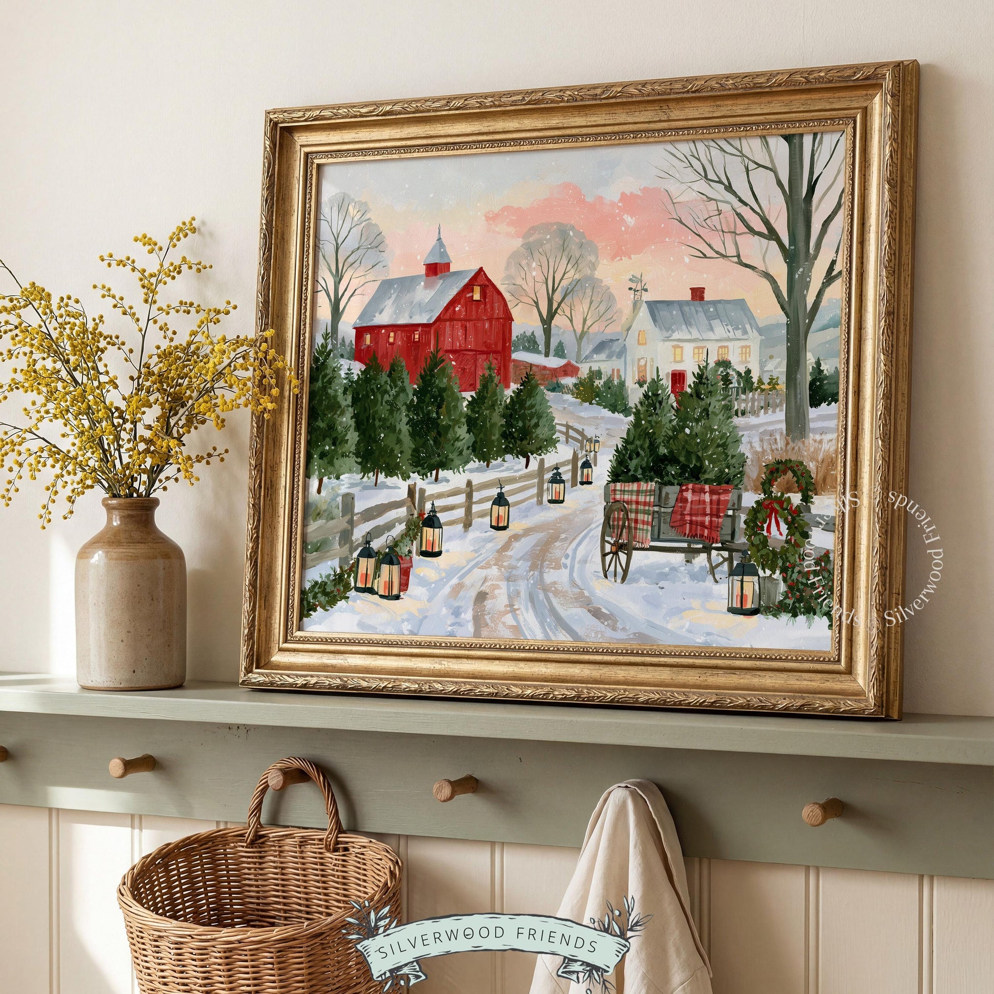 Festive winter wonderland picture for office — intimate farmstead scene with soft pink twilight sky