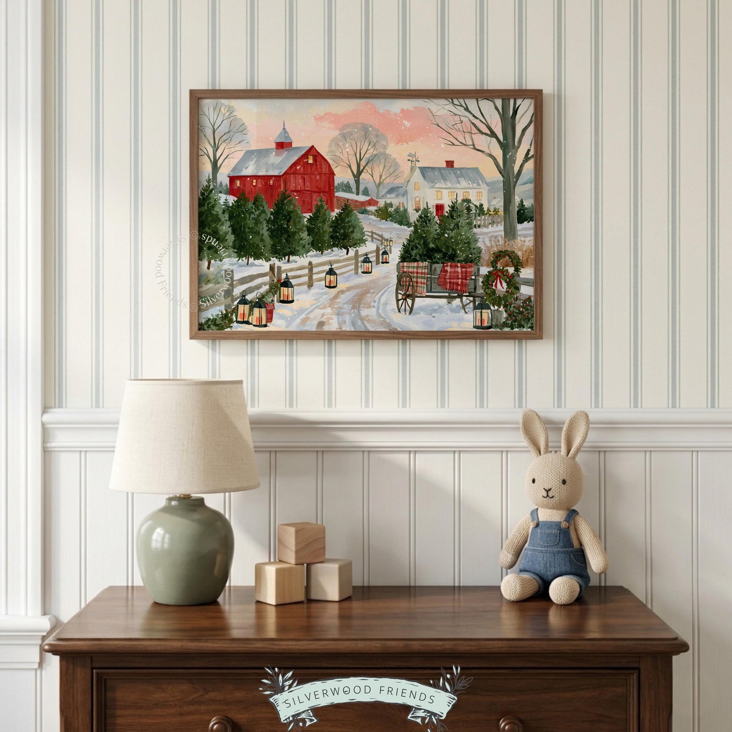 Rustic Christmas countryside picture — cozy barn scene with snow-covered wagon and holiday wreath