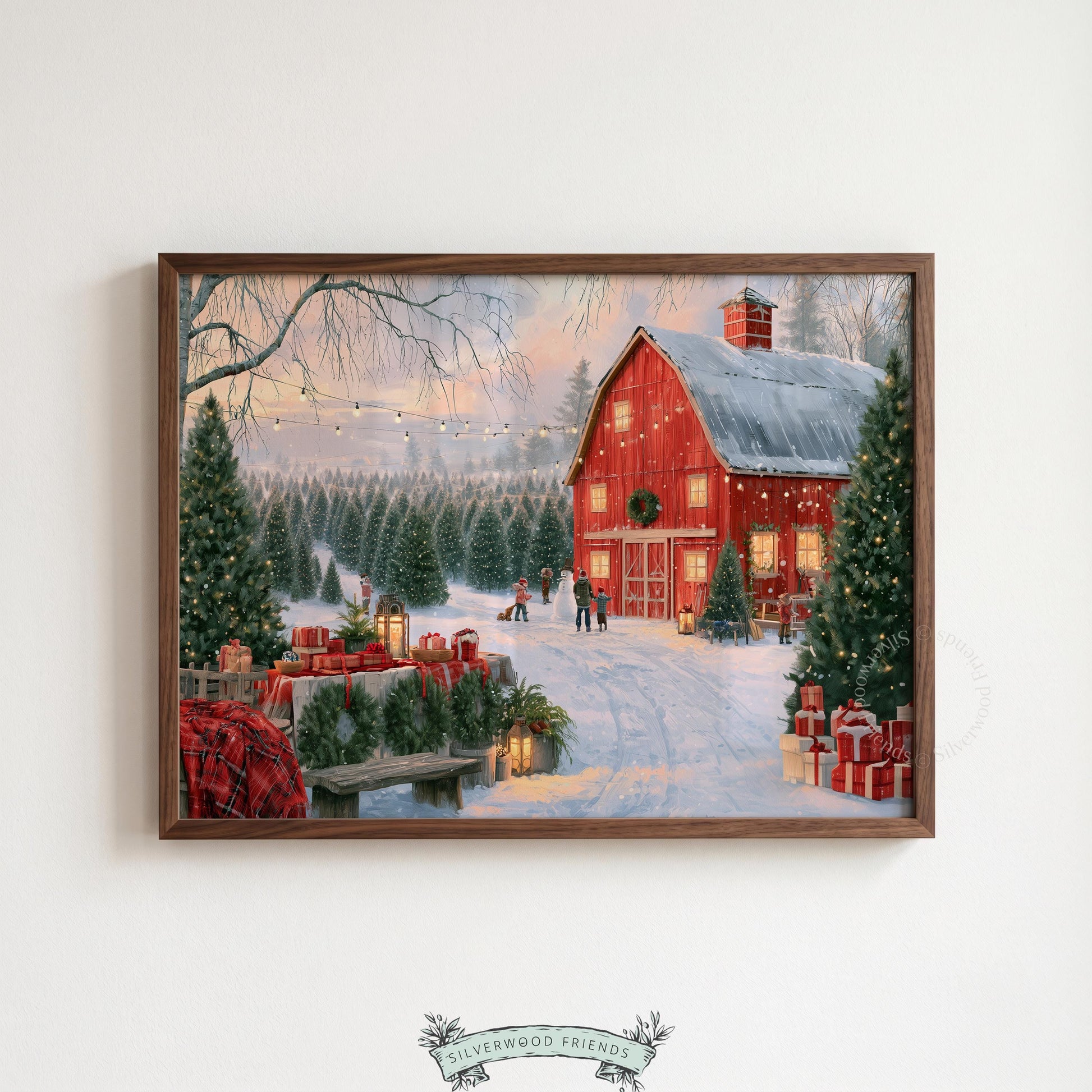 Warm holiday painting printable art for home — red farmstead surrounded by wintry tree rows
