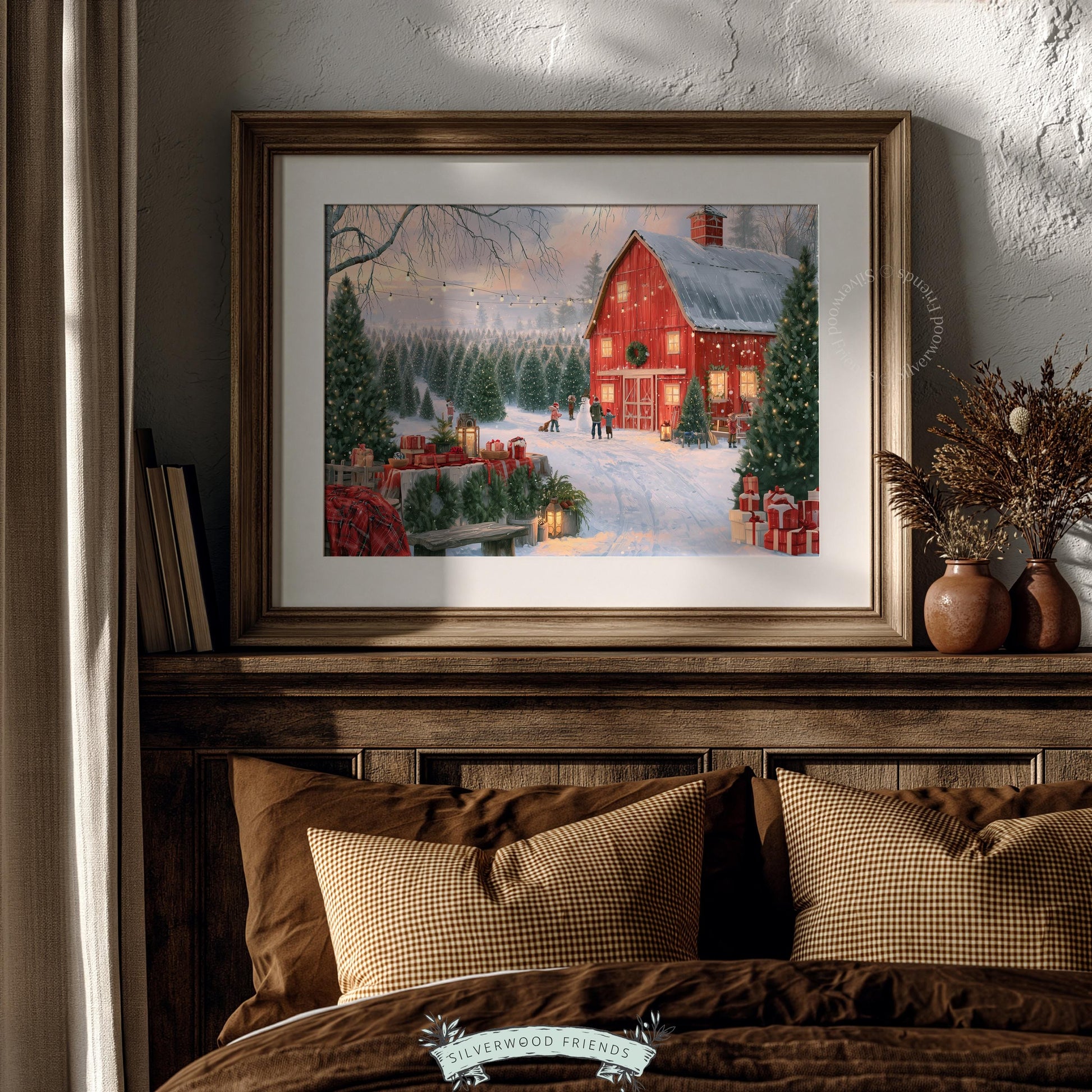 Rustic winter farmhouse poster for gallery wall — nostalgic holiday scene with twinkling overhead lights