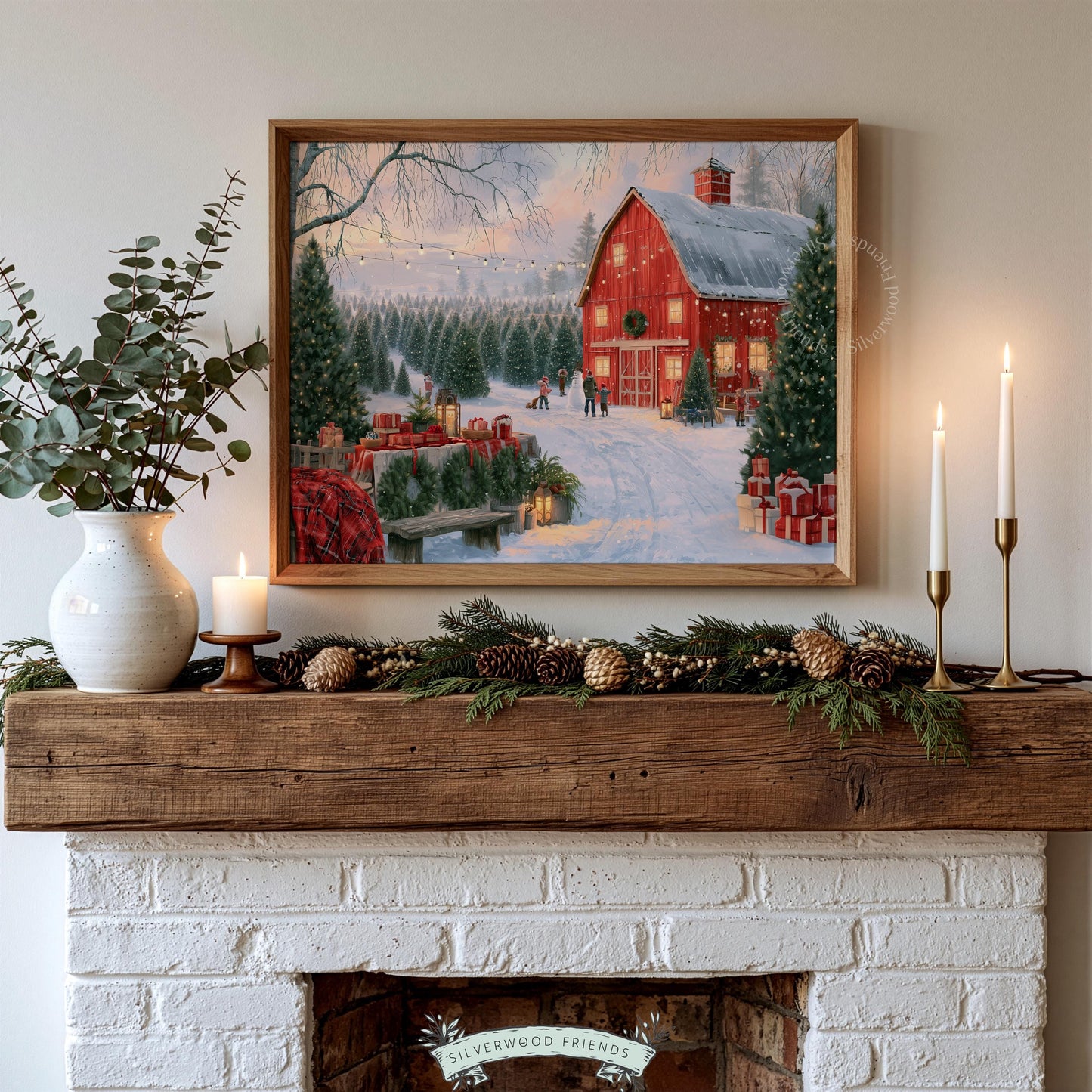 Snowy barn landscape wall art for cabin decor — festive Christmas market with evergreen dusting