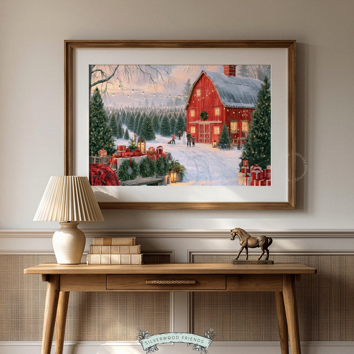 Red barn winter scene printable art for farmhouse — snowy Christmas tree farm with twinkling lights