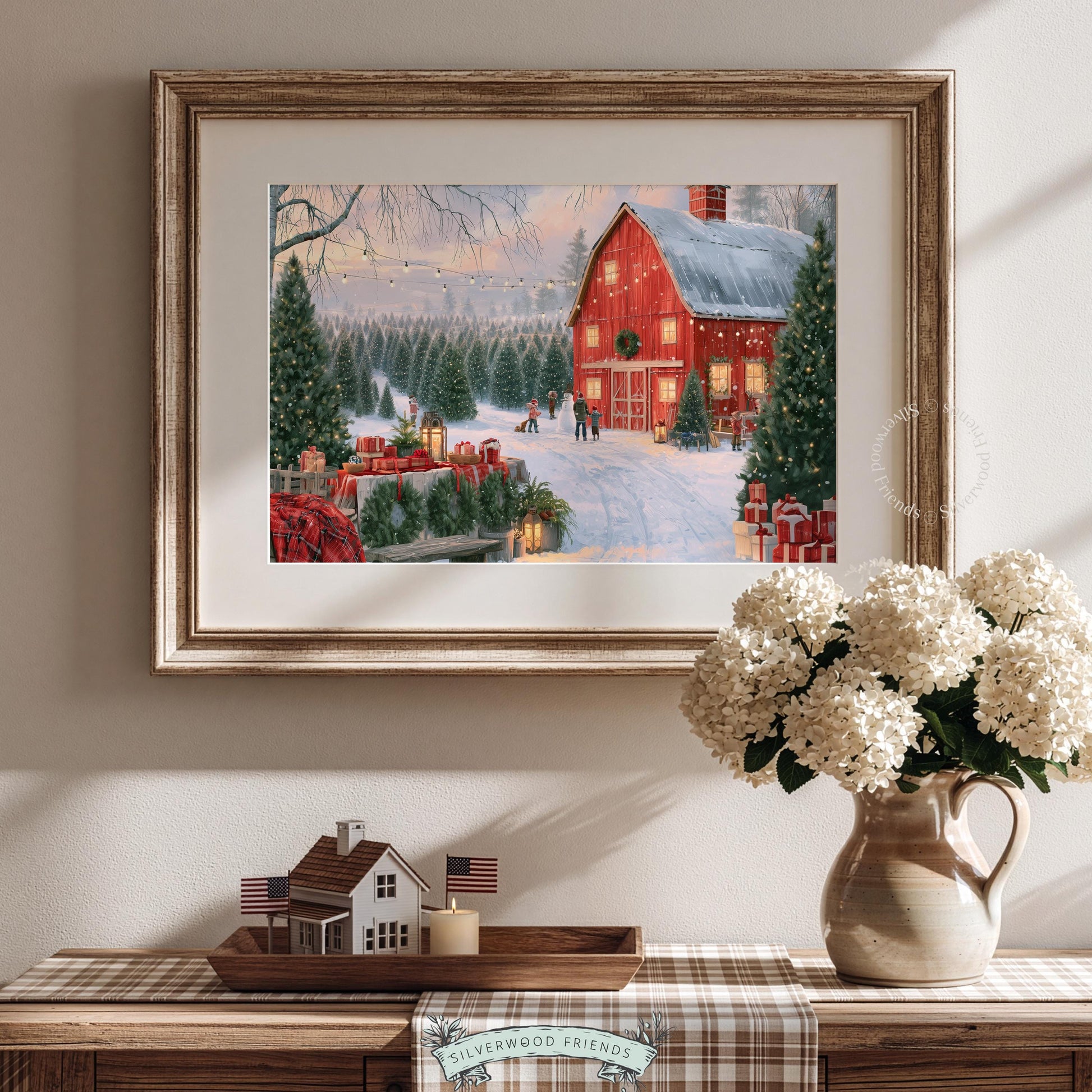 Winter wonderland farmhouse painting digital download — red structure nestled in snowy evergreen setting