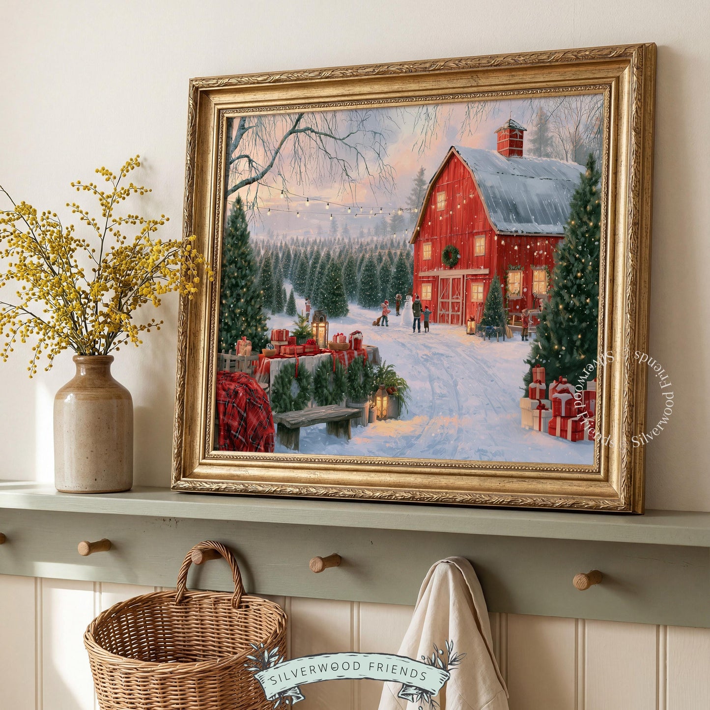 Cottage Christmas scene picture for entryway — nostalgic barn landscape with holiday market atmosphere