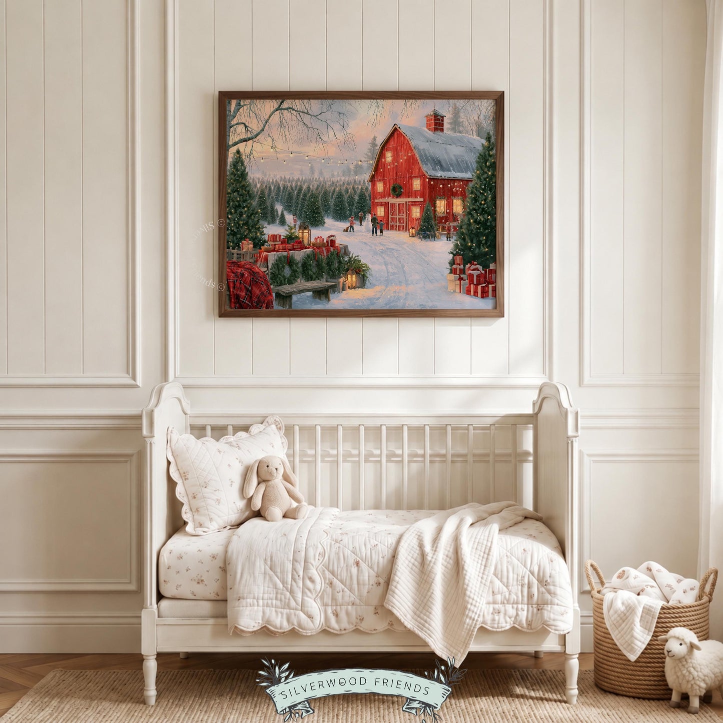 Rustic holiday barn digital print for walls — snow-covered evergreens framing cozy farmhouse gathering
