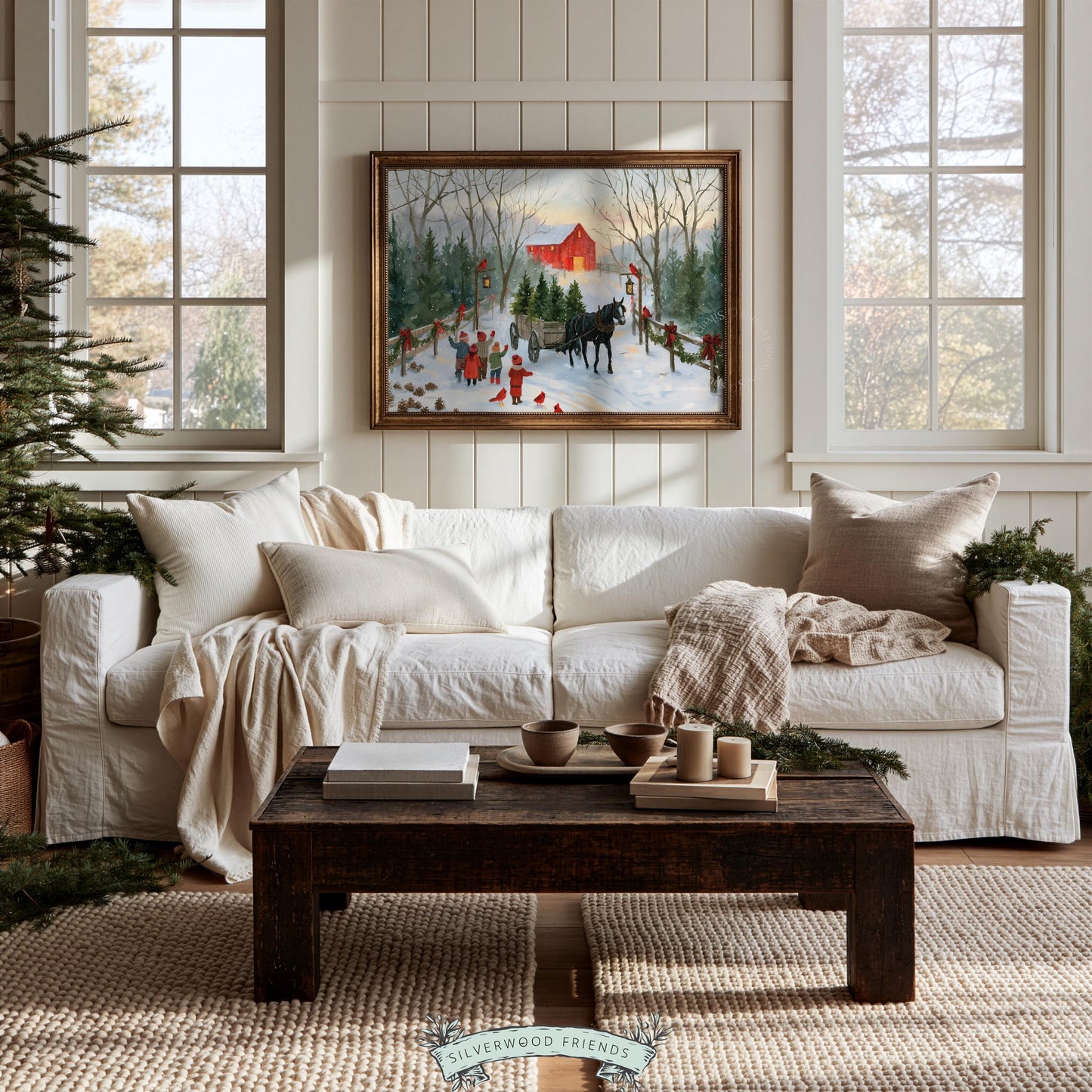 Cottagecore Christmas painting printable for gallery wall — soft muted tones, horse and wagon, vintage farmland aesthetic