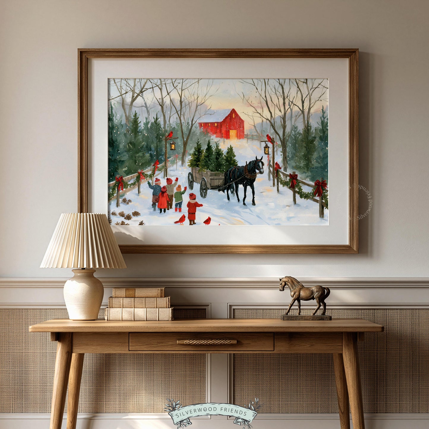 Retro Christmas tree farm printable art for gallery wall — soft brushwork, vintage palette, cozy seasonal countryside mood