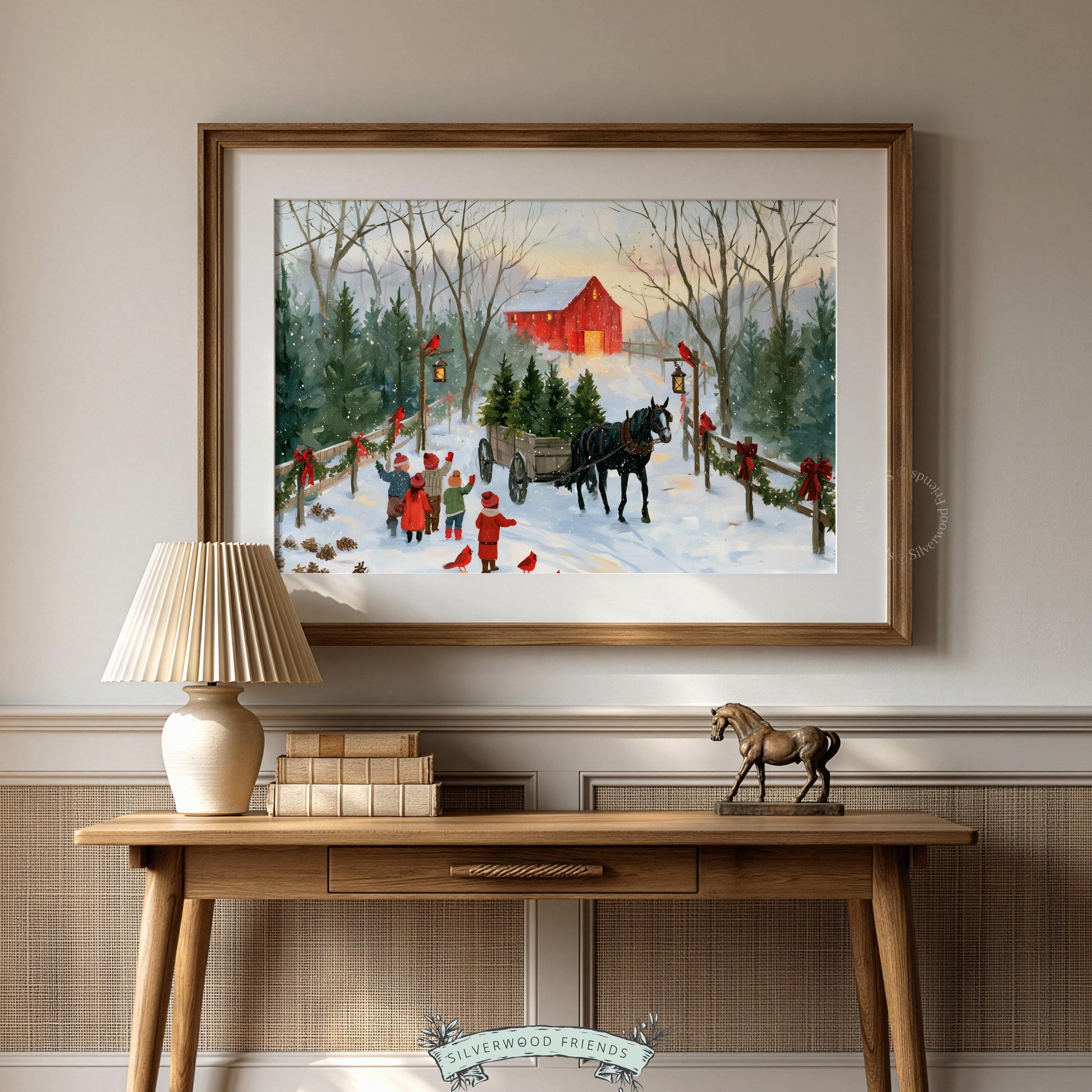 Retro Christmas tree farm printable art for gallery wall — soft brushwork, vintage palette, cozy seasonal countryside mood
