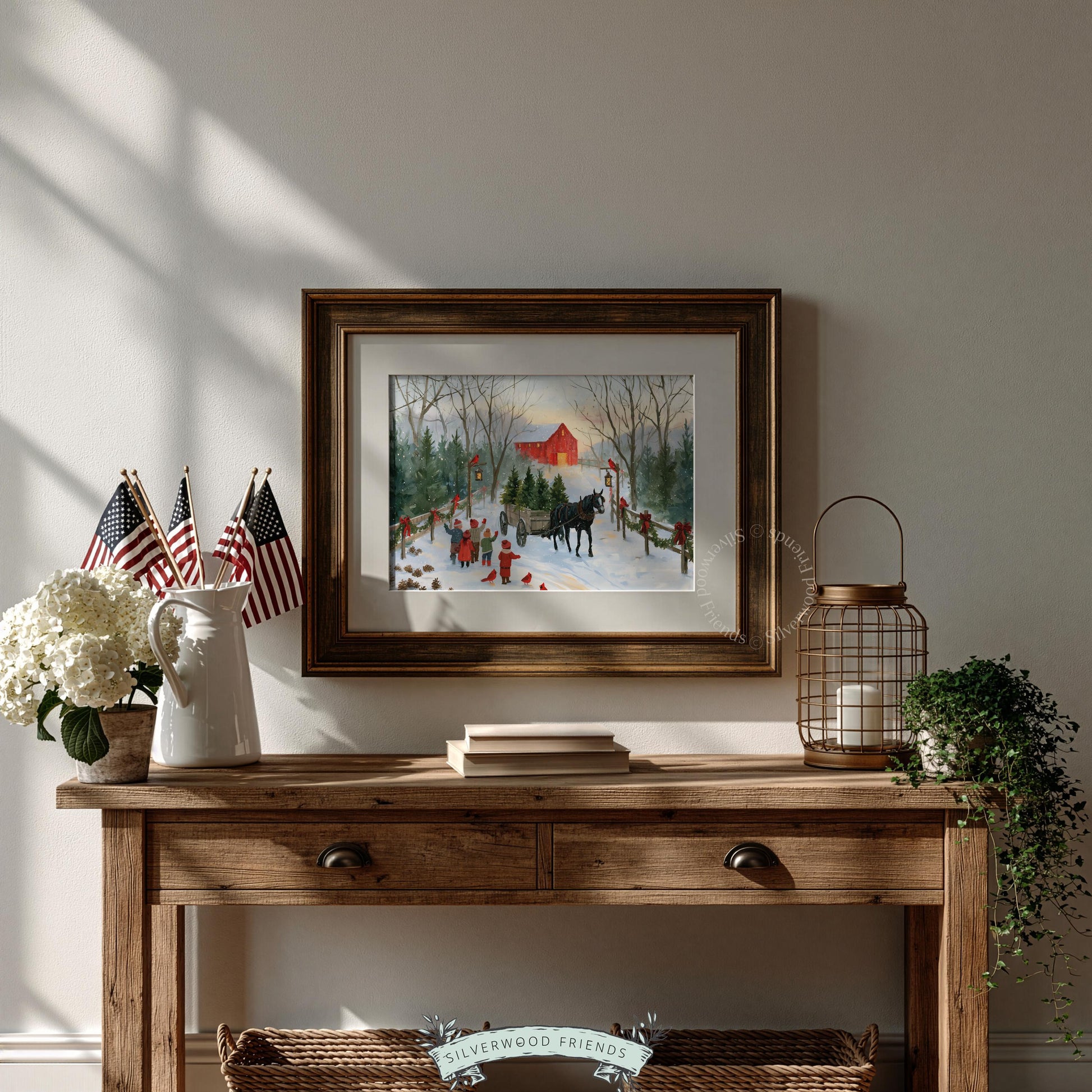 Warm vintage Christmas artwork showing wooden wagon loaded with evergreens, horses, and cozy farmhouse holiday scene