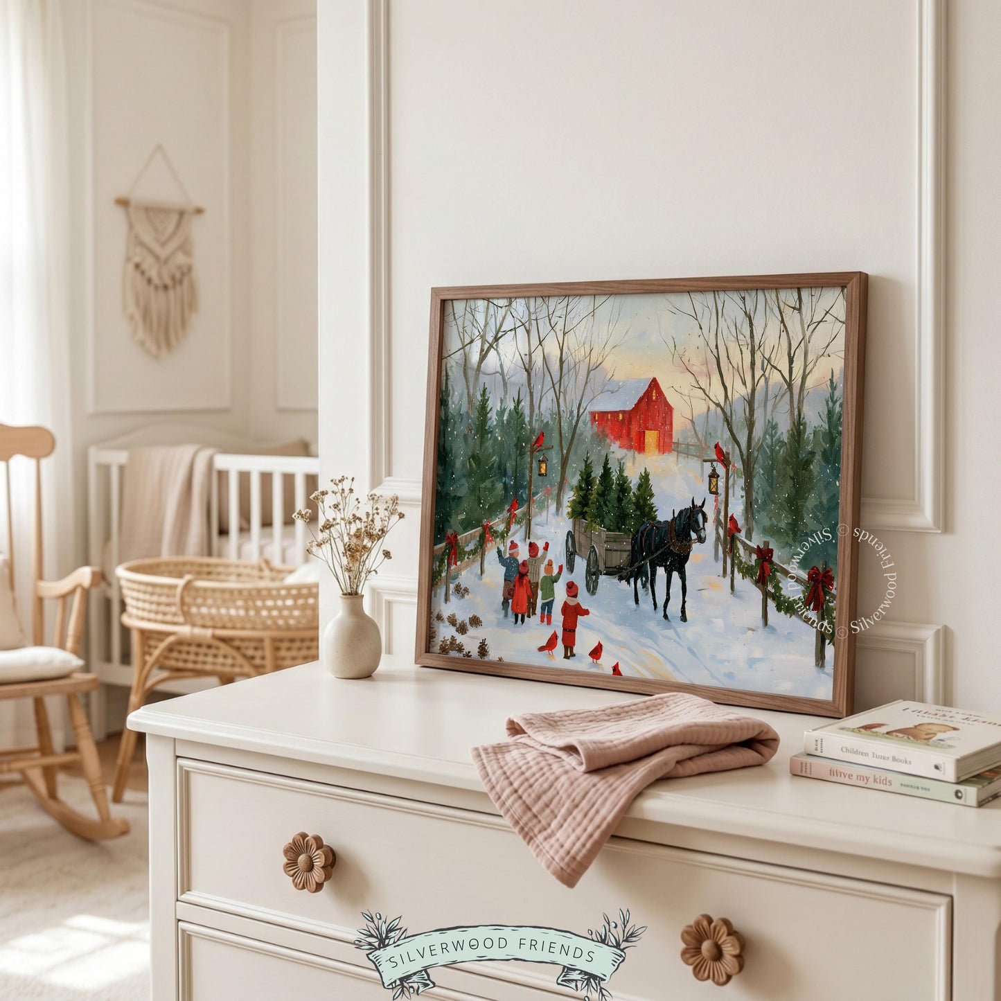 Traditional winter holiday poster for kitchen — horse-drawn wagon, fresh Christmas trees, red barn, and snow-covered landscape