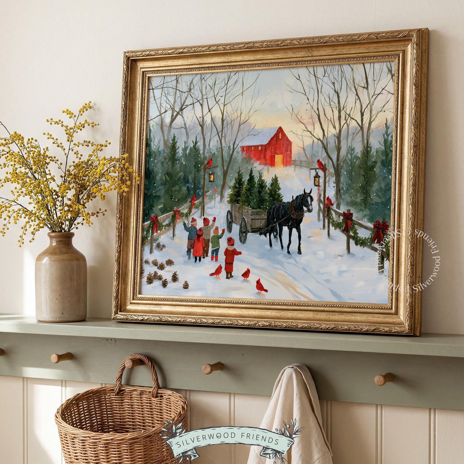 Classic holiday picture art featuring horse pulling wagon through Christmas tree farm with children and rustic barn backdrop