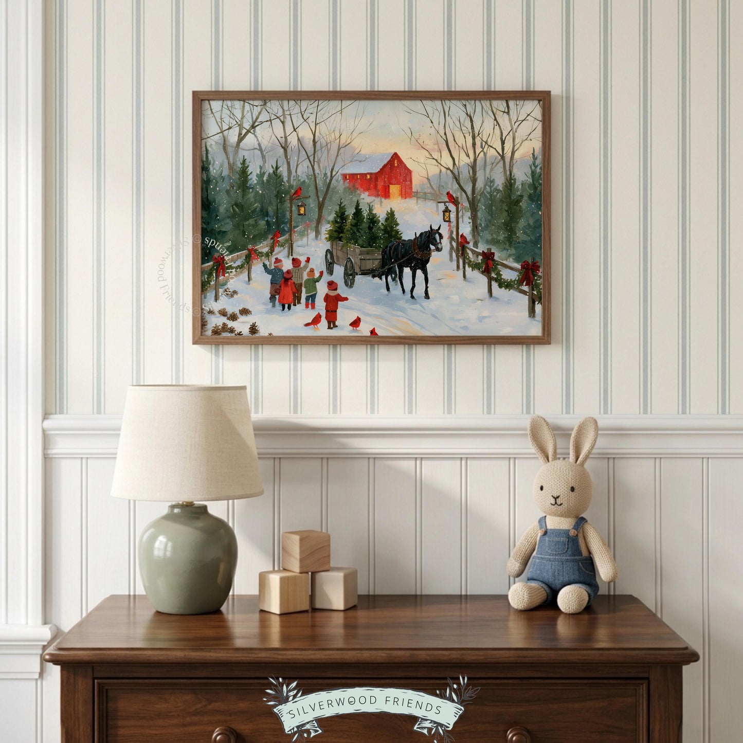 Vintage holiday landscape artwork showing horse, wagon full of trees, cardinals, and warm barn glow in pastoral setting