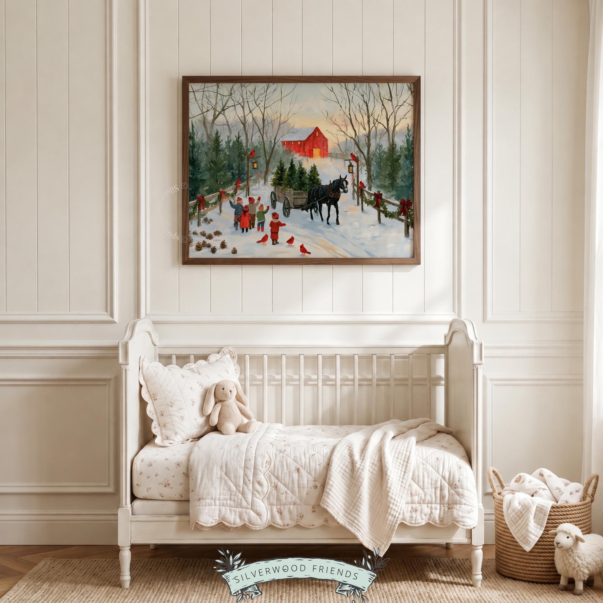 Vintage holiday painting print for living room — horse pulling wagon through snowy Christmas tree lane with rustic charm