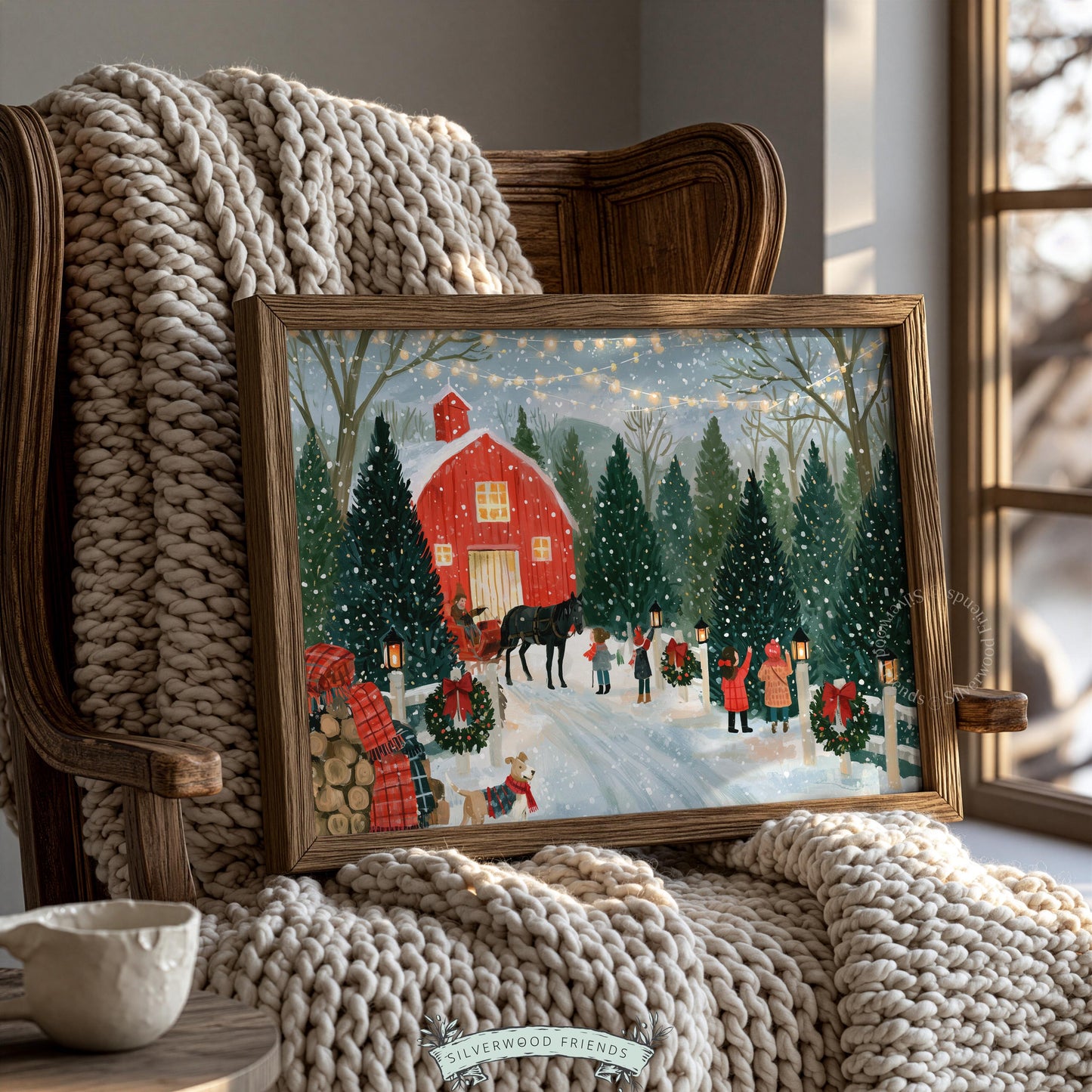 Snowy evergreen farm poster for entryway — festive farmhouse wall art featuring warm golden glow and winter families