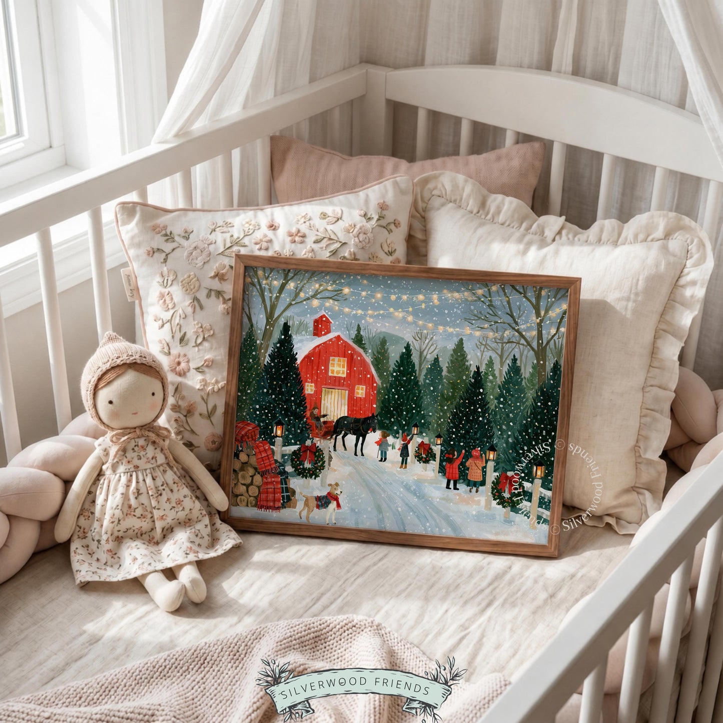 Cozy nighttime Christmas farm wall decor printable — classic tree nursery with wreaths, firewood, and soft falling snow