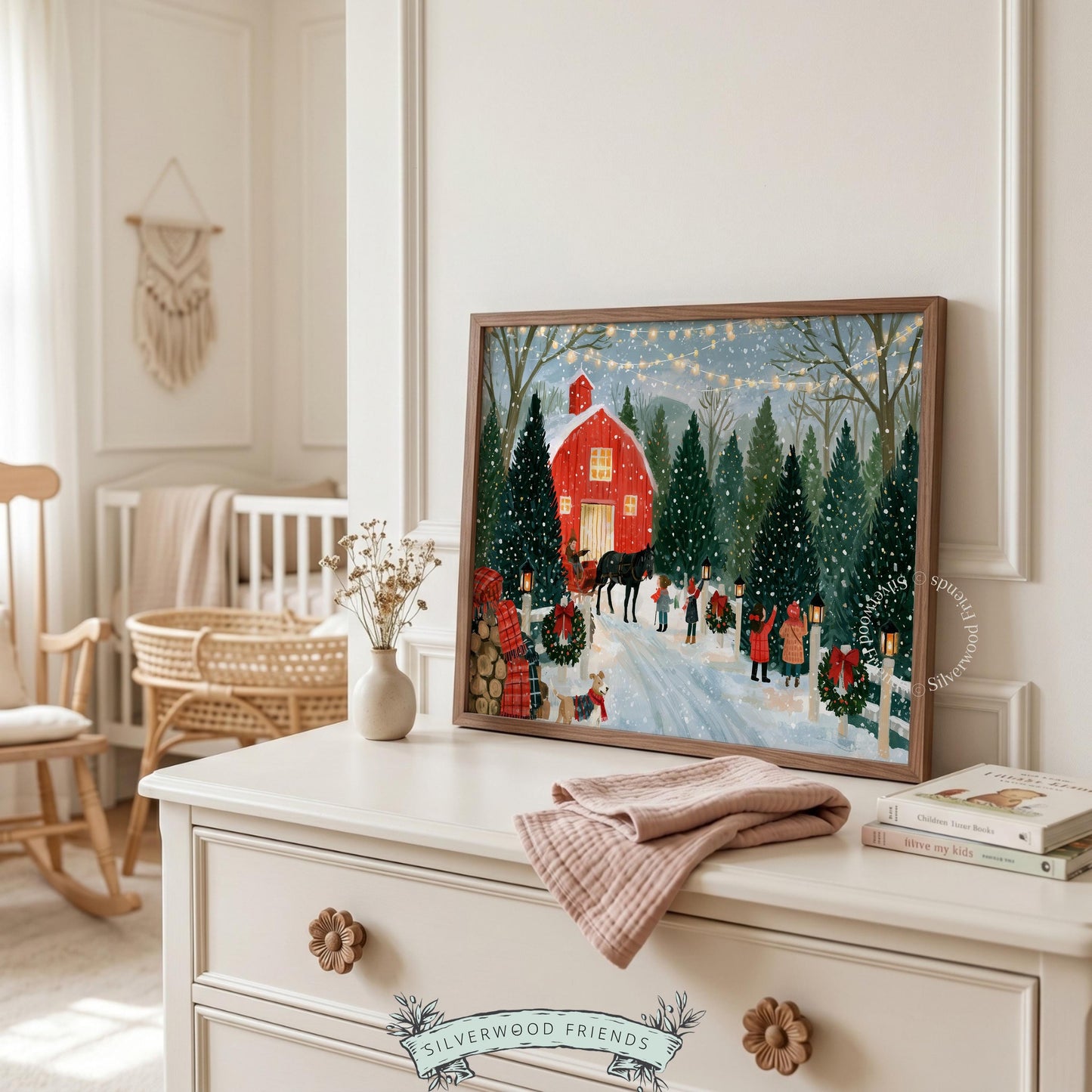 Festive farmhouse barn print wall art for seasonal displays — cozy holiday evening with lantern-lit trees and traditional red building