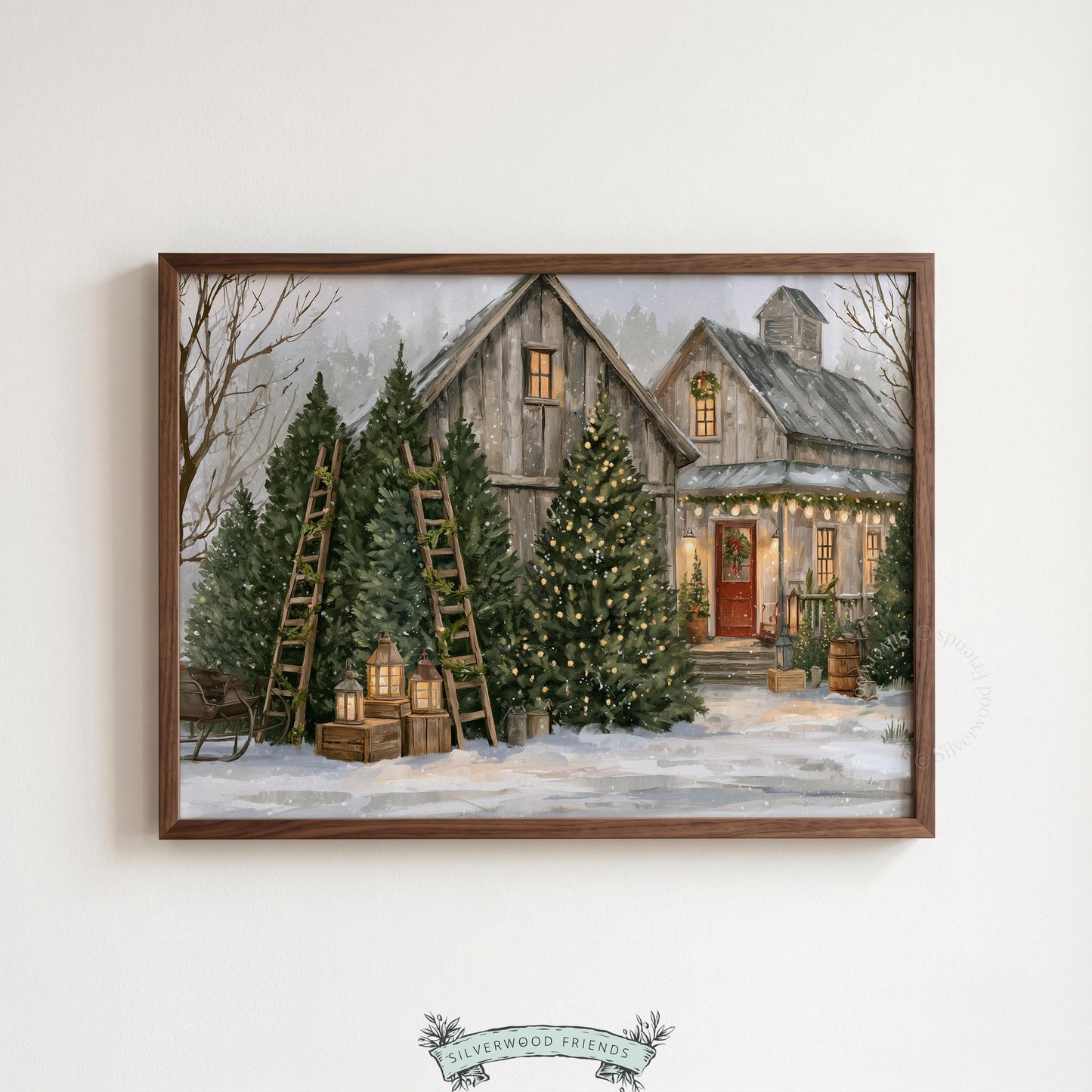 Holiday tree farm painting for gallery display — charming rustic landscape featuring luminous windows and evergreens