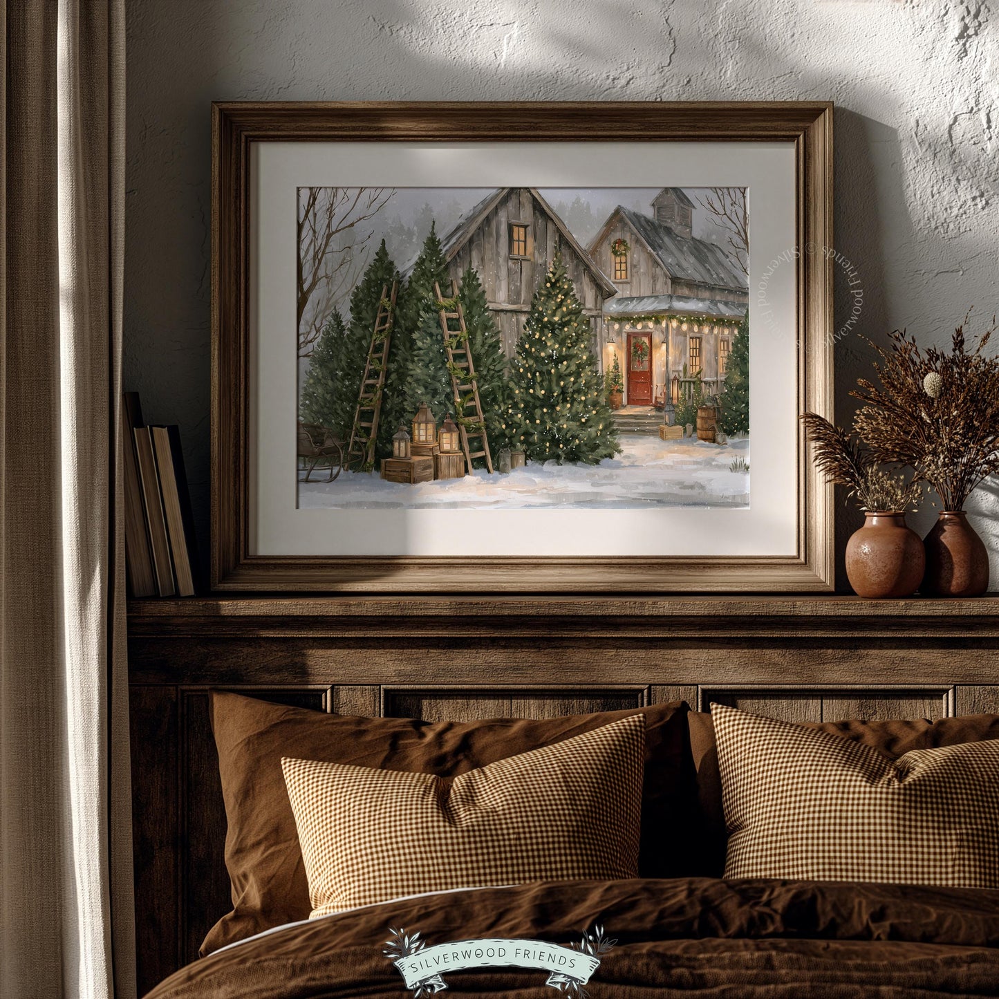 Winter tree farm poster for living room — cozy festive landscape with weathered barn and twinkling lights
