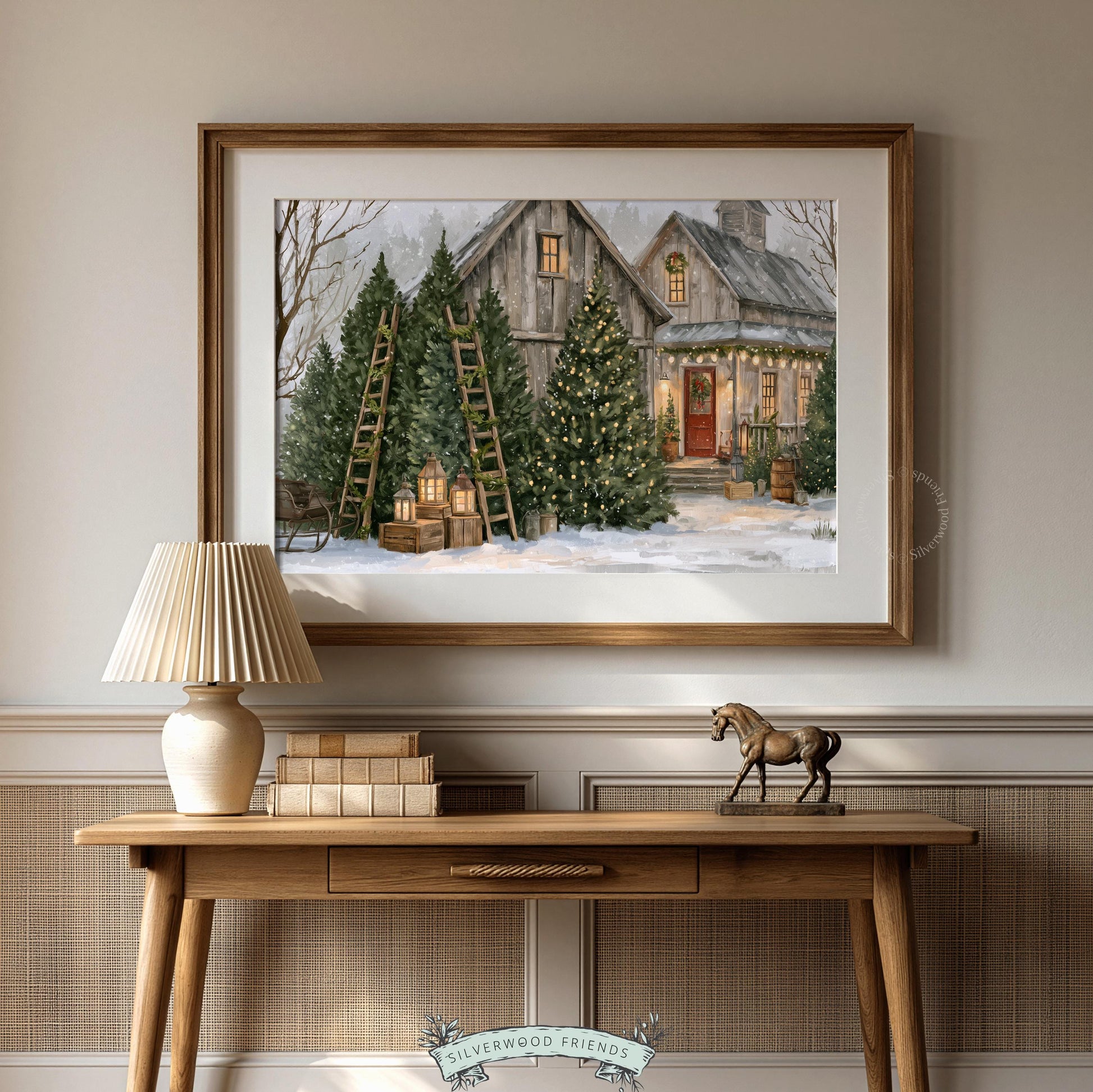Snowy countryside barn digital print for gallery wall — charming holiday scene with misty background and red door