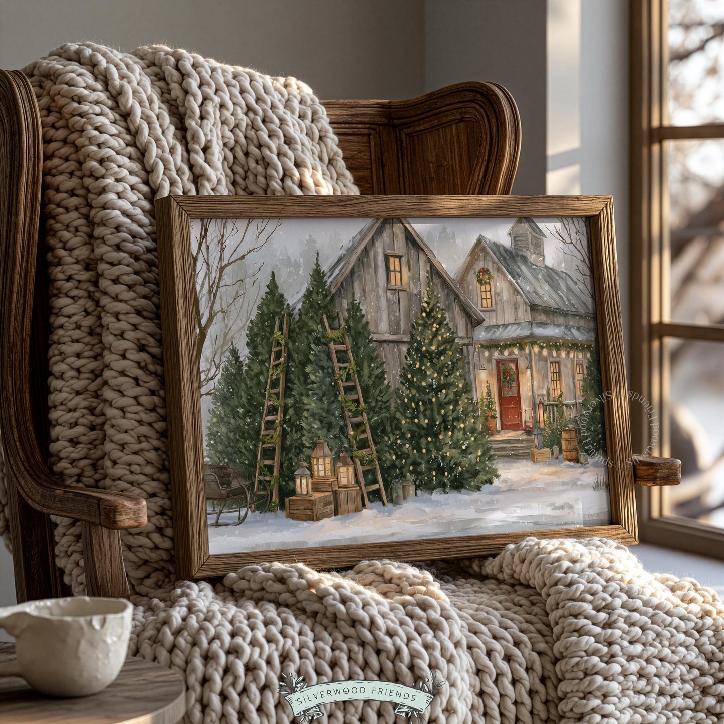 Festive winter landscape artwork for dining room — glowing barn windows and decorated evergreens in soft palette
