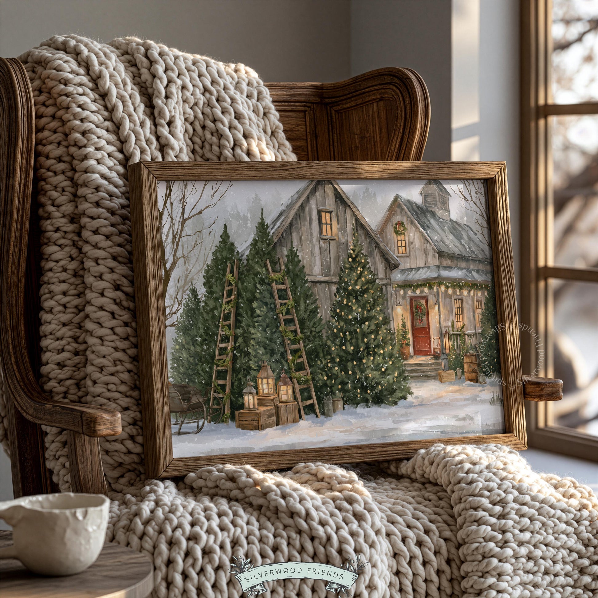 Festive winter landscape artwork for dining room — glowing barn windows and decorated evergreens in soft palette