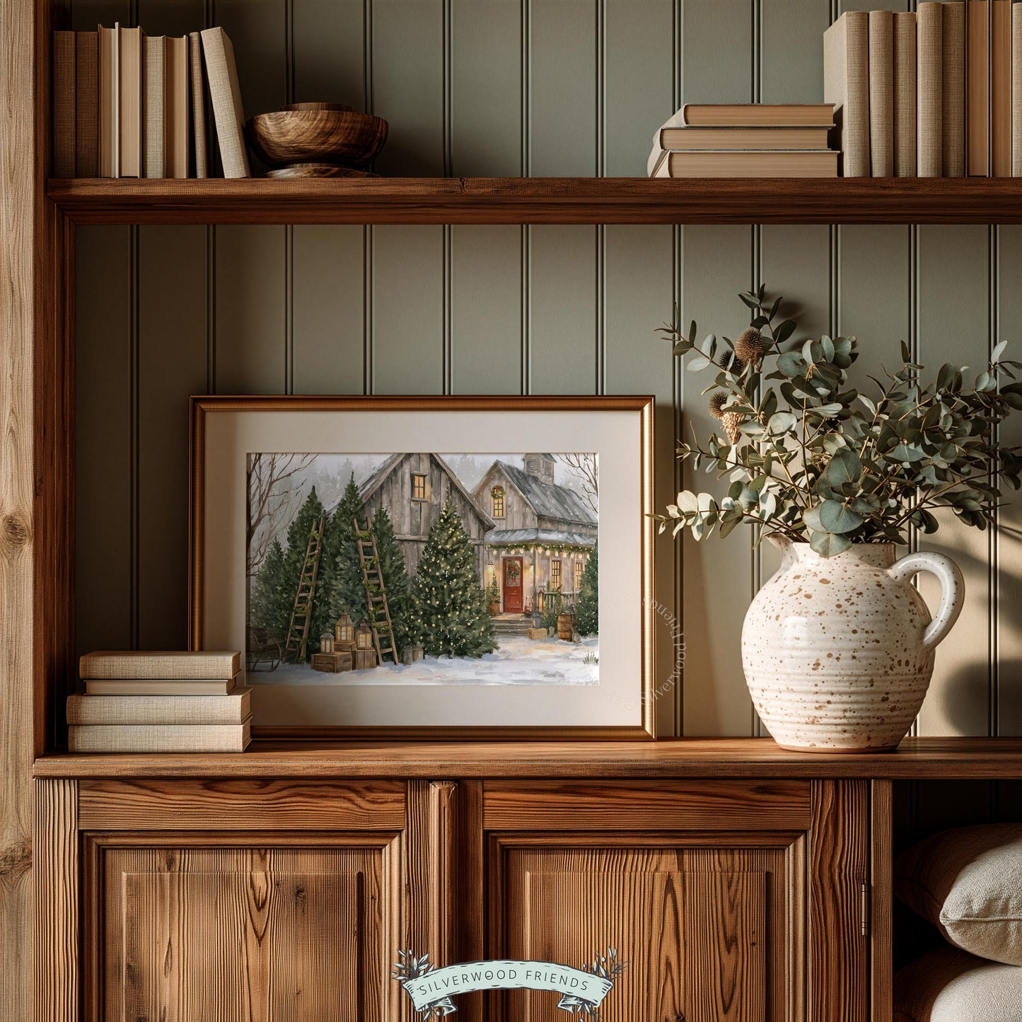 Cozy farmhouse Christmas poster for cabin decor — snowy vintage scene with ladder, crates, and glowing structures