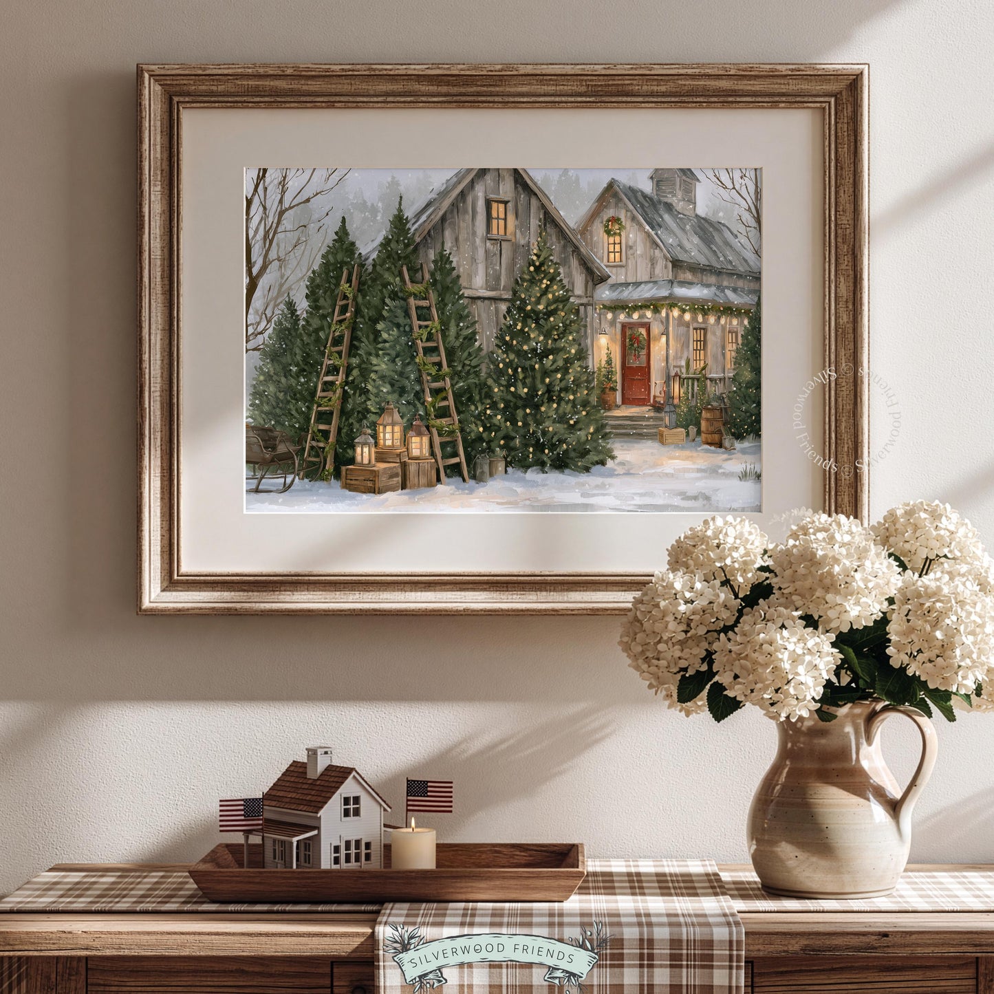 Festive countryside barn wall art for home — vintage holiday landscape with lanterns, wreaths, and snowy backdrop