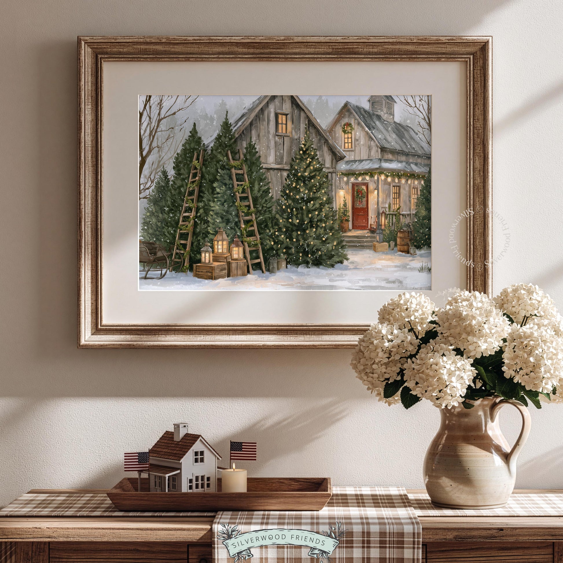Festive countryside barn wall art for home — vintage holiday landscape with lanterns, wreaths, and snowy backdrop