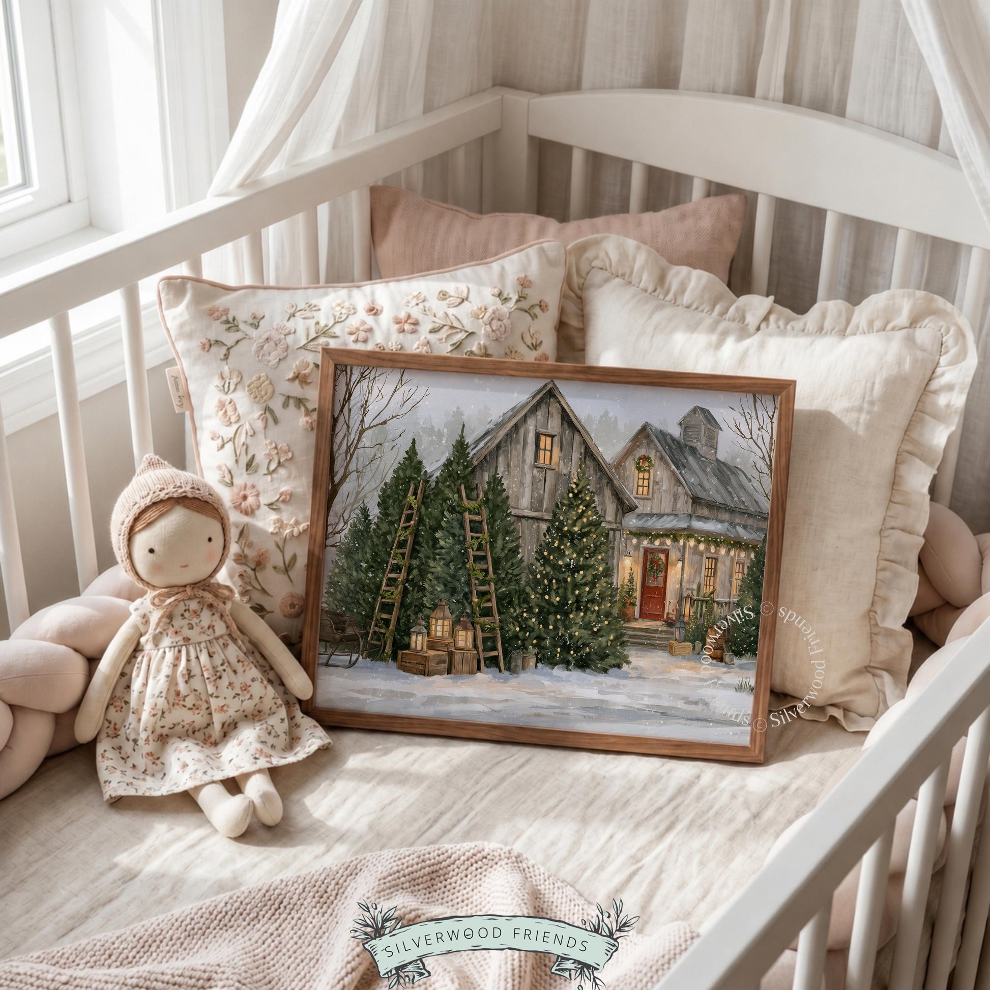 Rustic holiday barn wall art for entryway — warm lanterns and wreath in snowy countryside setting