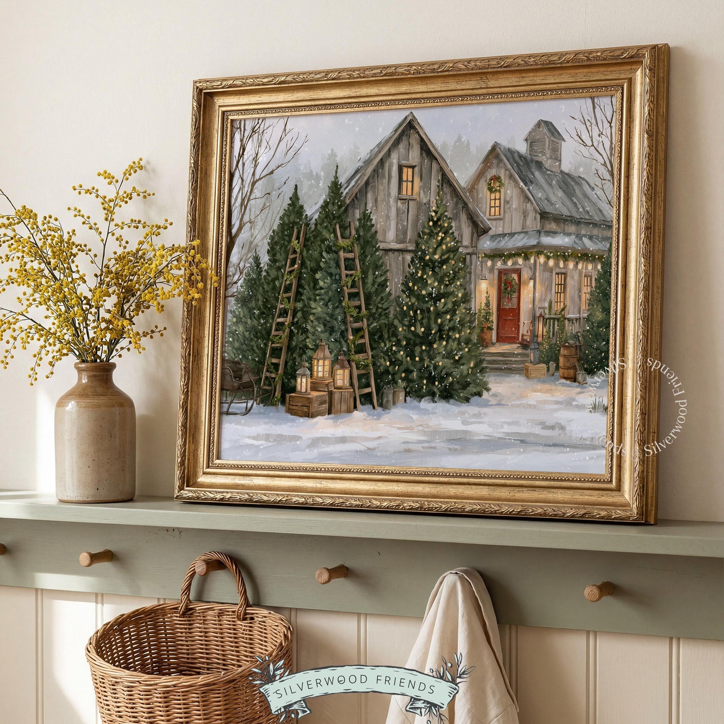 Traditional Christmas farm picture for seasonal displays — weathered aesthetic with twinkling evergreens and red-door charm