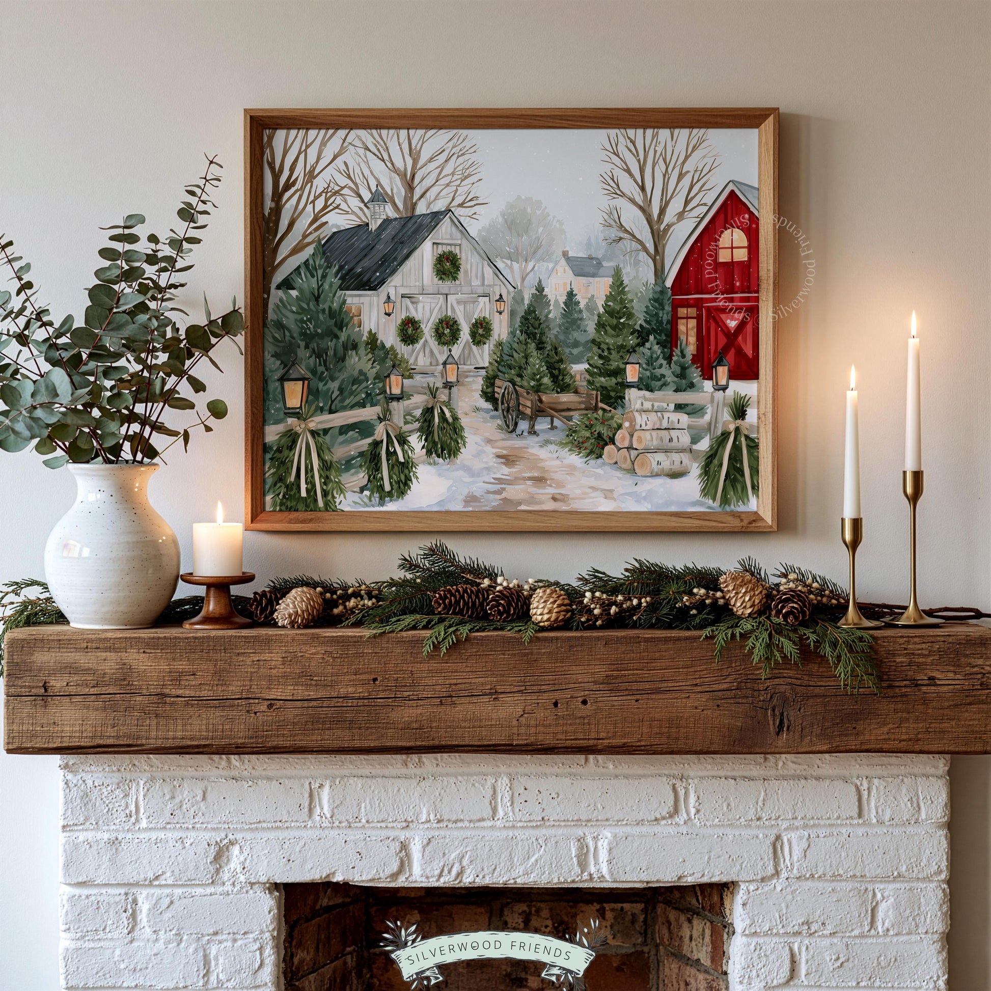 Rustic winter holiday barn print for accent wall — muted farmstead scene showcasing snow, seasonal greenery bundles, and festive lantern décor