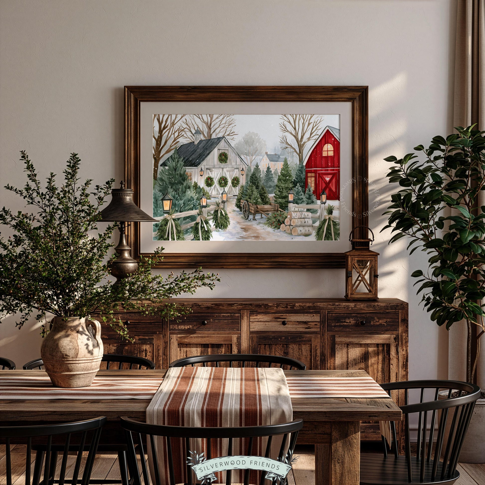 Quaint Christmas tree yard artwork instant download — serene wintry farmscape with stacked logs, decorative wagon, and pastoral buildings