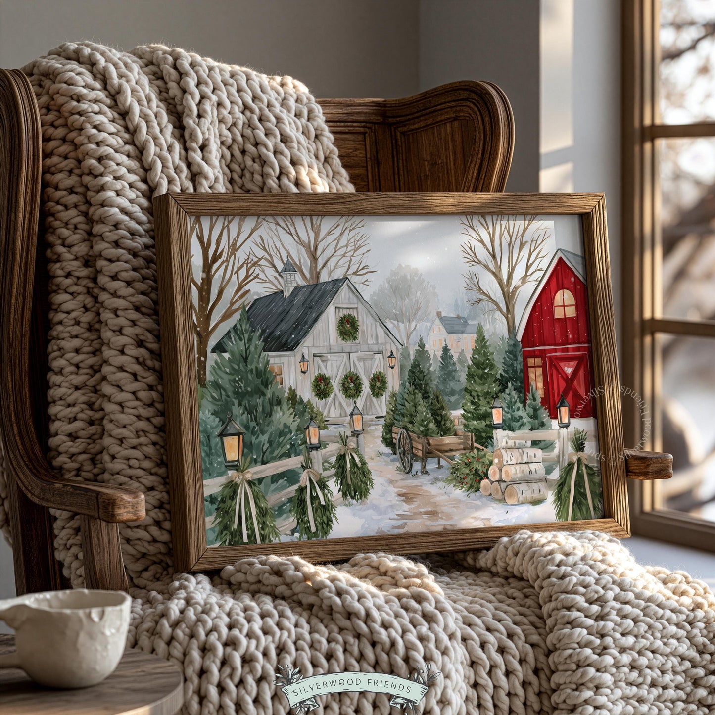 Frosty woodland farm wall art instant download — cozy evergreen lot surrounded by weathered barn structures and holiday décor