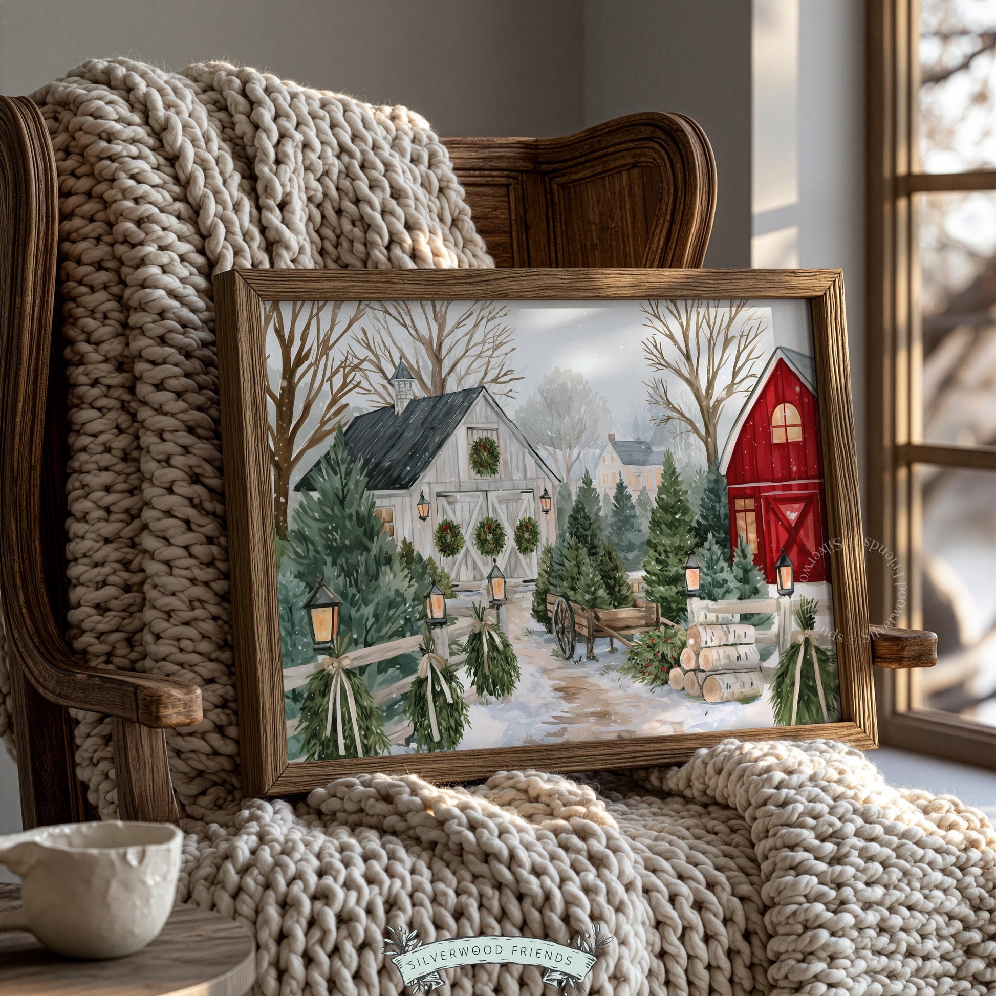 Frosty woodland farm wall art instant download — cozy evergreen lot surrounded by weathered barn structures and holiday décor