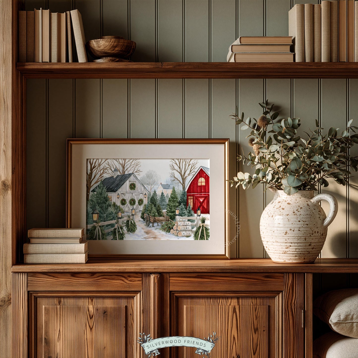 Seasonal evergreen grove picture for gallery wall — soft muted palette showing wooden wagon amid fresh-cut trees