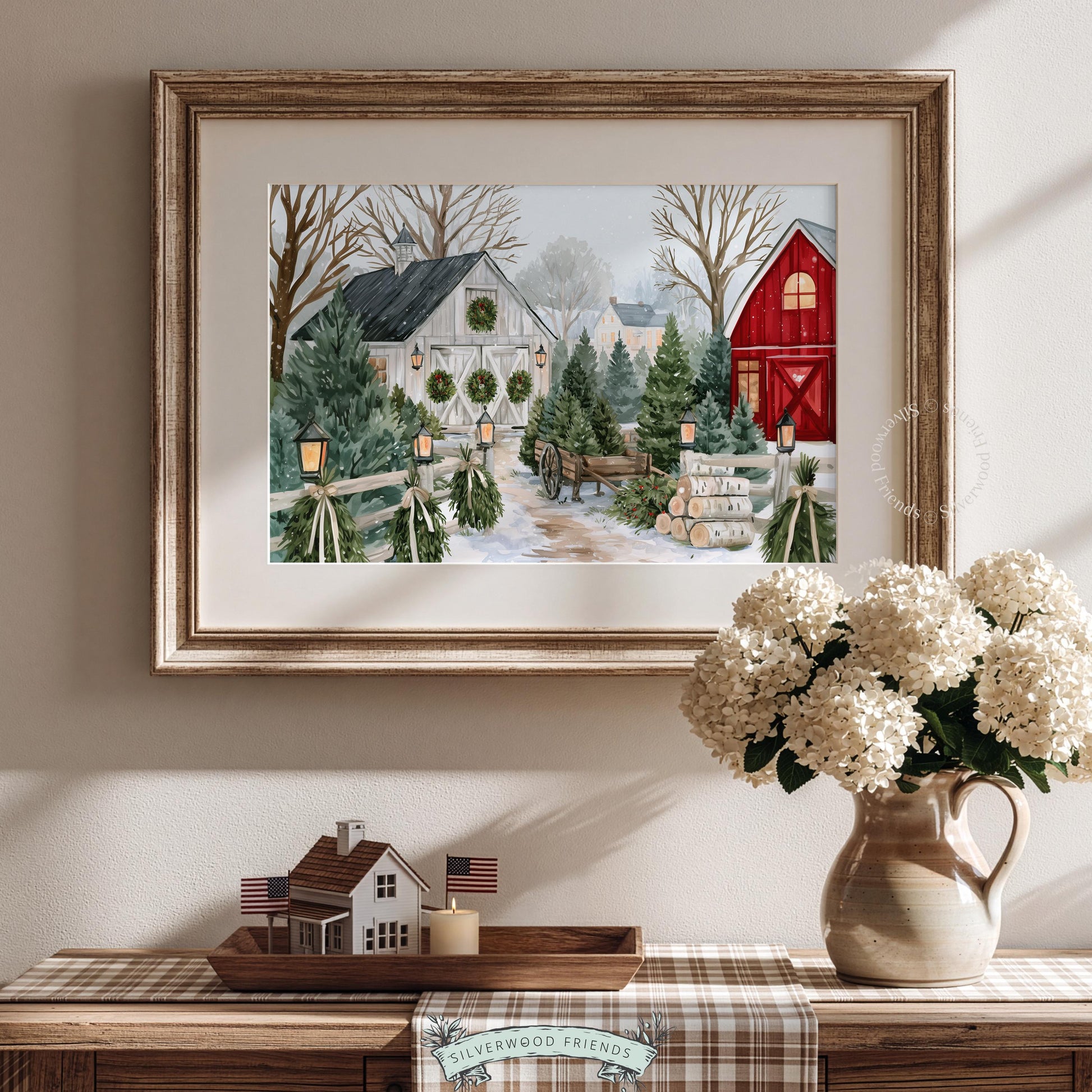 Winter farmstead digital print for entryway — peaceful countryside scene with stacked birch logs and festive wreaths