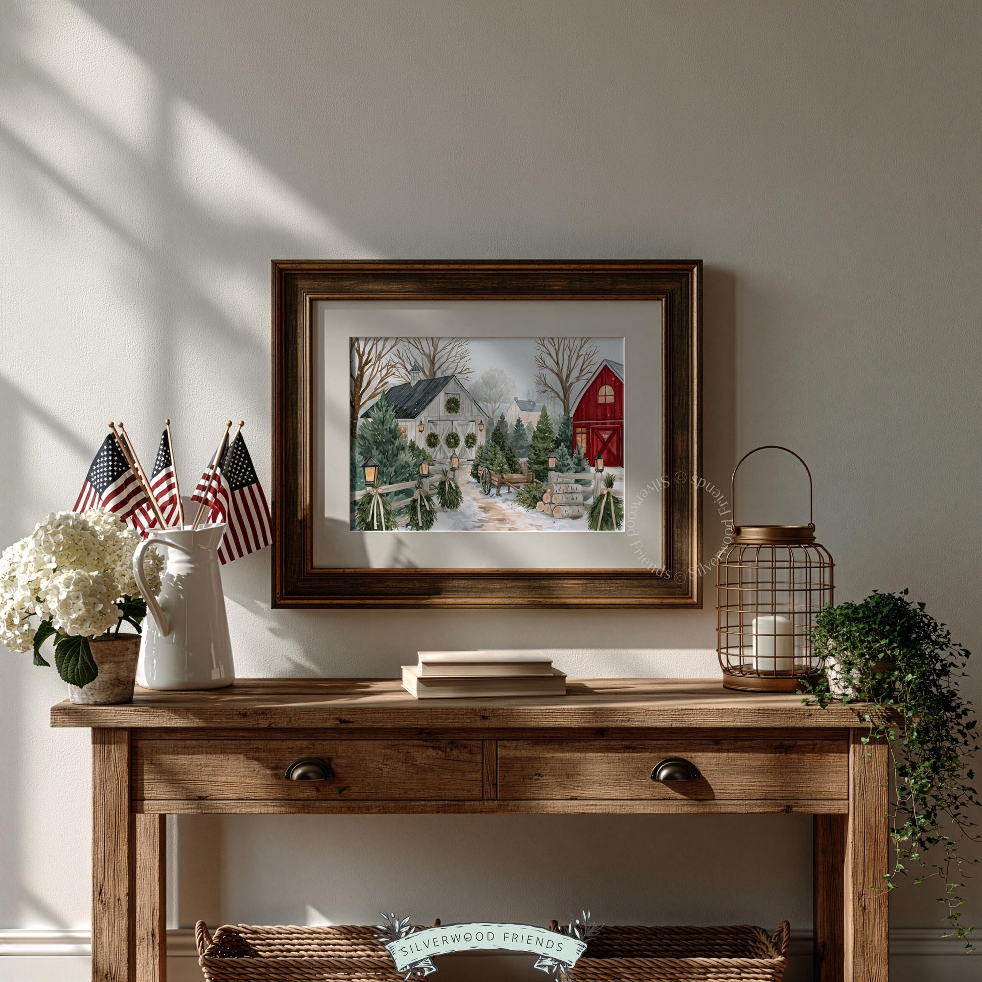 Red barn with white farmhouse poster for holiday wall decor — snow-covered landscape featuring bundled greenery and lanterns