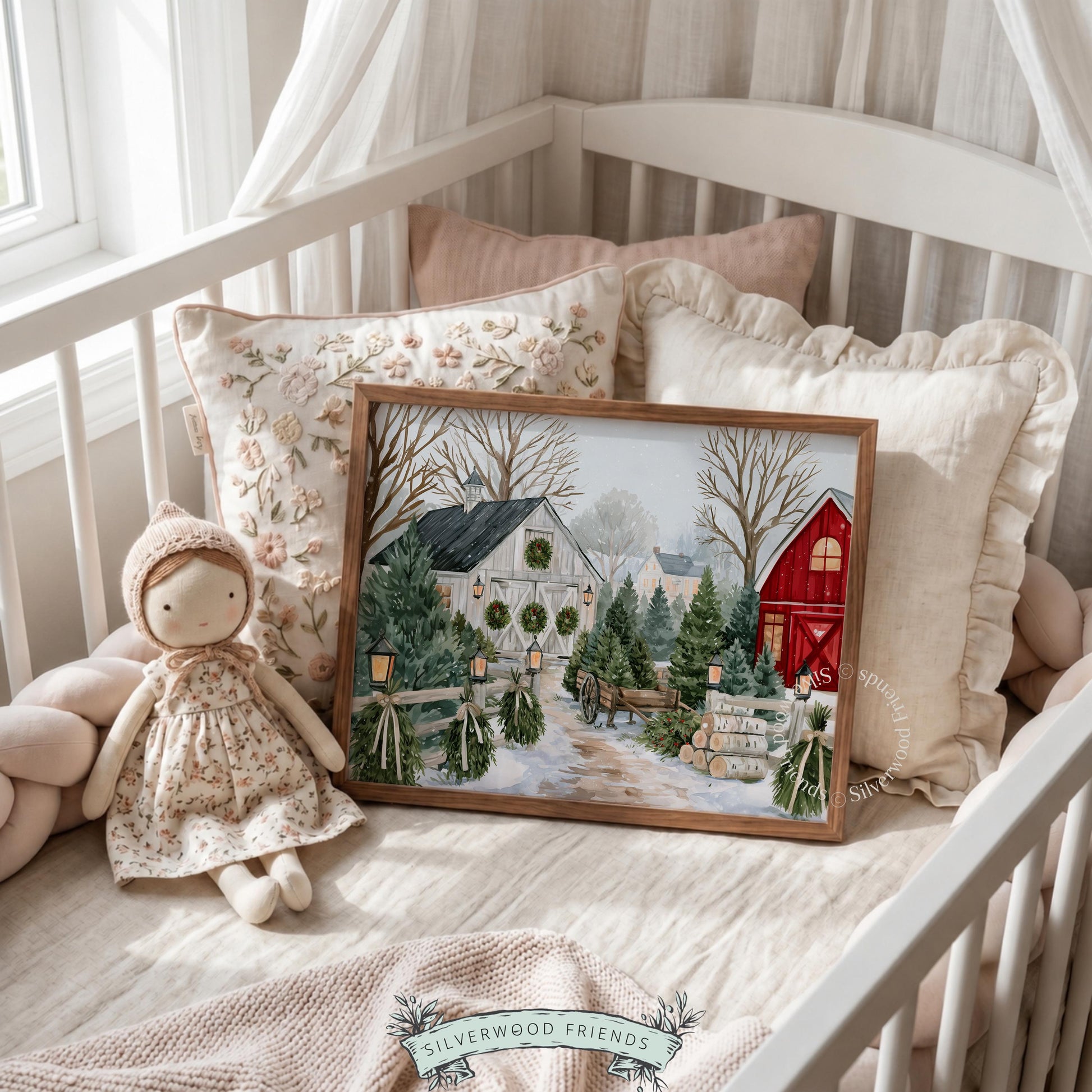 Wintry farmstead poster for guest bedroom — soft watercolor style showing bundled trees and snow-dusted wooden structures