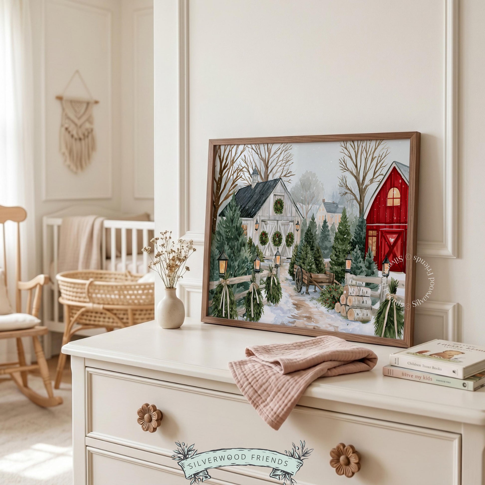 Tranquil winter farm digital wall art for home decor — peaceful countryside landscape with wooden wagon and classic barn architecture