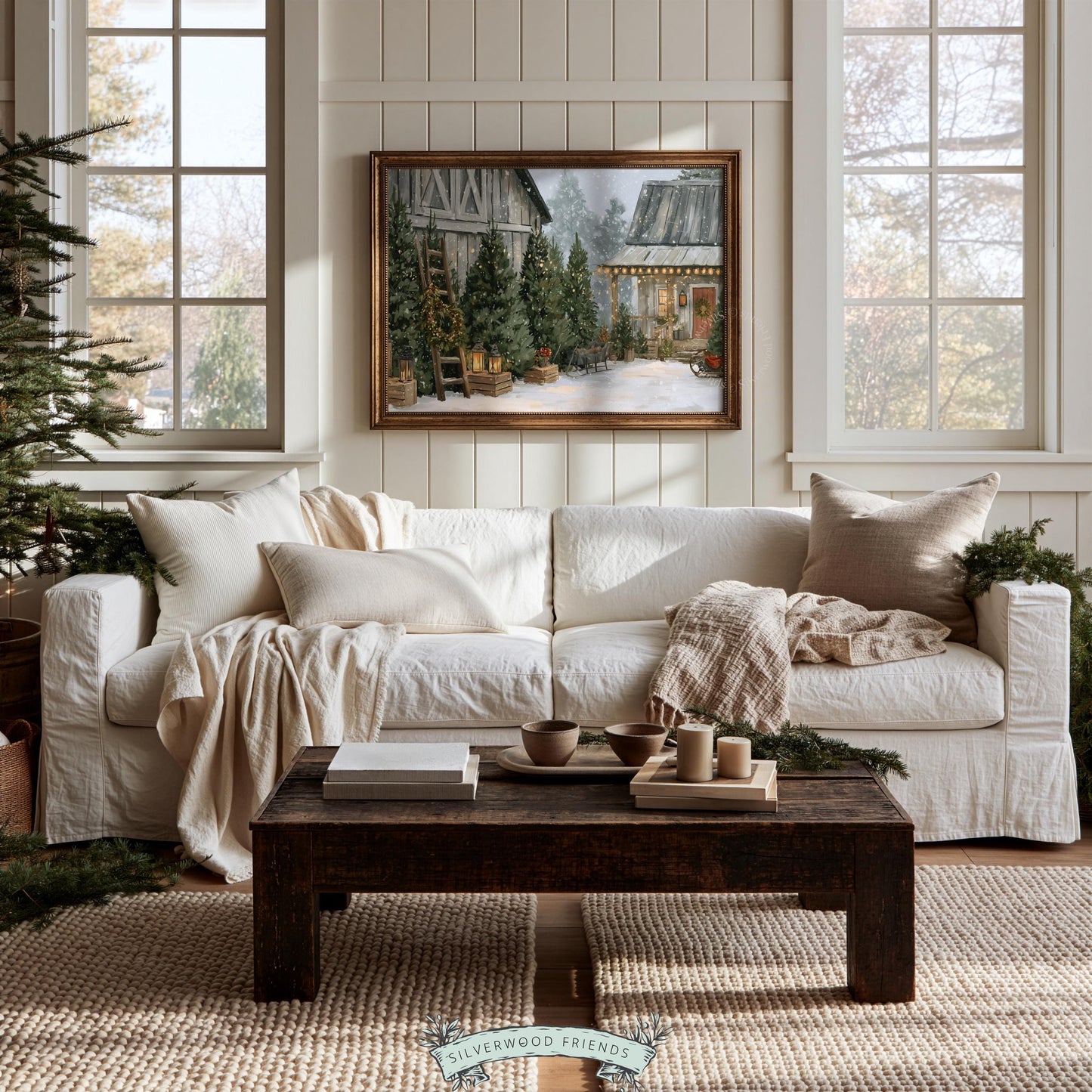 Christmas tree farm poster for entryway — festive snow-covered path with weathered cottage and warm lighting