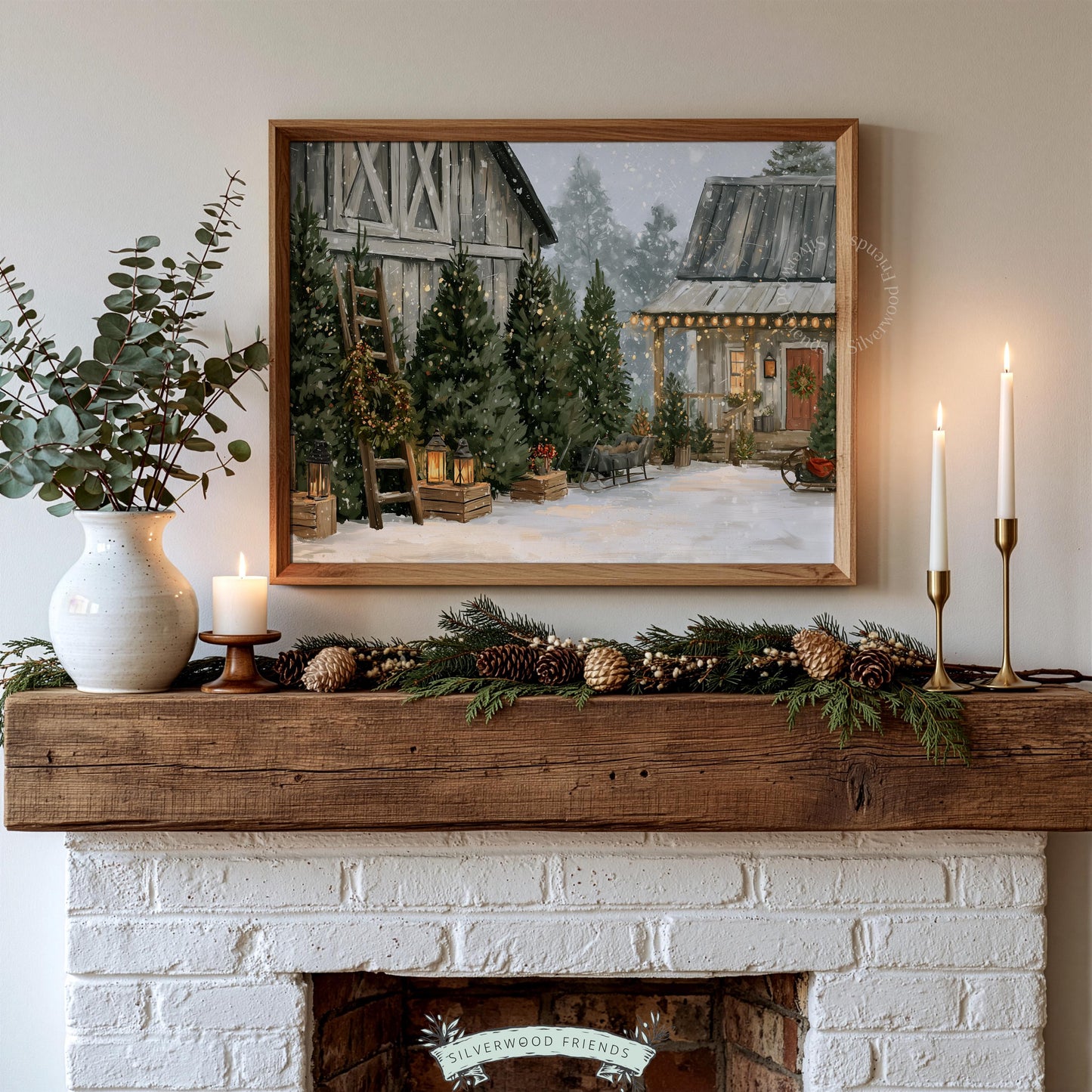 Cozy winter barn painting for nursery wall — vintage Christmas landscape with soft textures and holiday lights